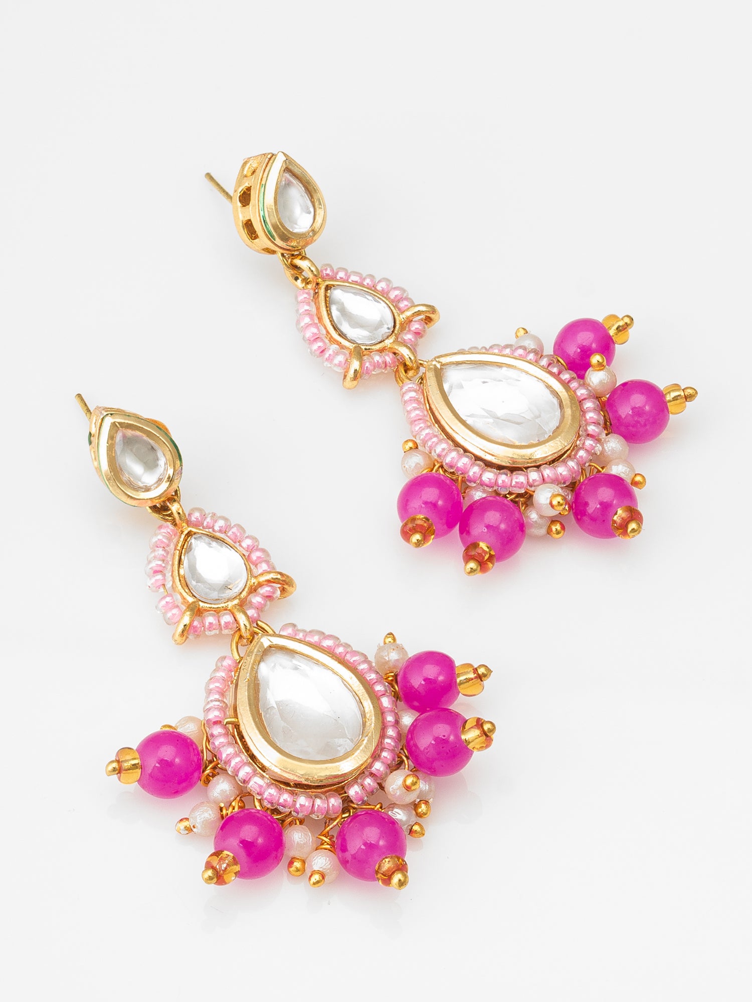 Pink Kundan Drop Earrings with Beads and Pearl | Aadita Jewelry