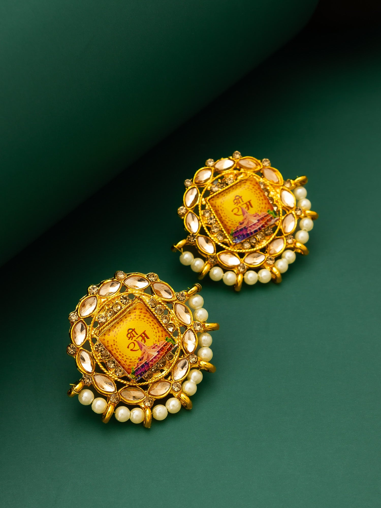 Gold Plated Shree Ram Temple Motif Kundan Stud Earrings – View 4 | Aadita Jewelry