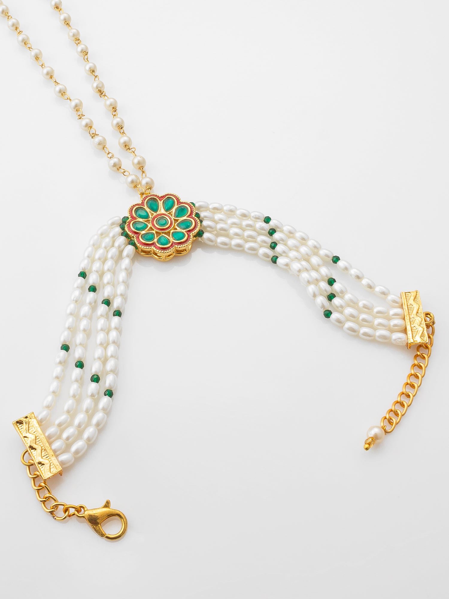 Adita Gold Plated Green Kundan & Pearl Haathphool Bracelet "“ Traditional Hand Harness Jewelry for Women & Brides – View 2 | Aadita Jewelry
