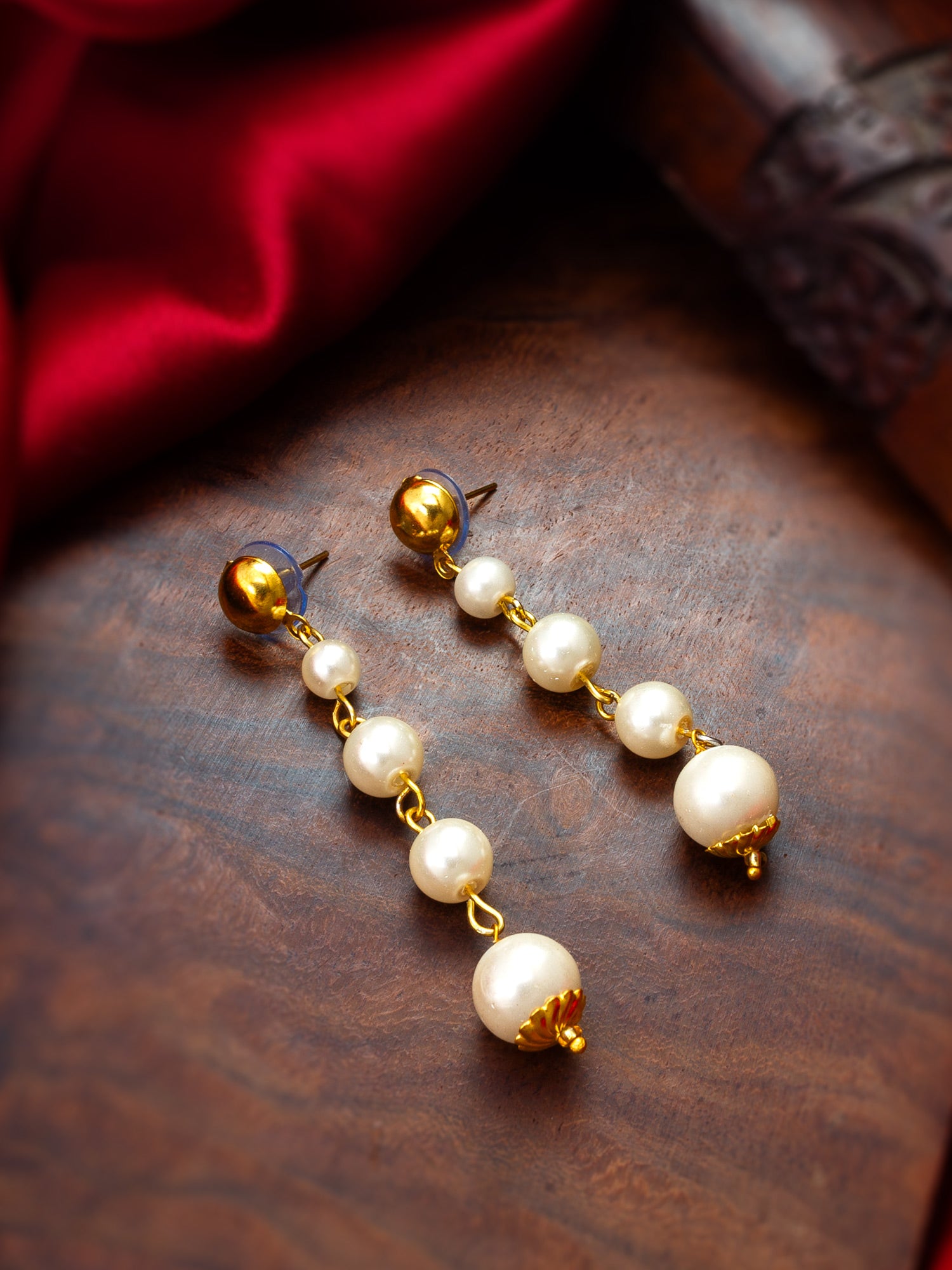 Gold-Toned Graduated Pearl Drop Earrings – View 4 | Aadita Jewelry