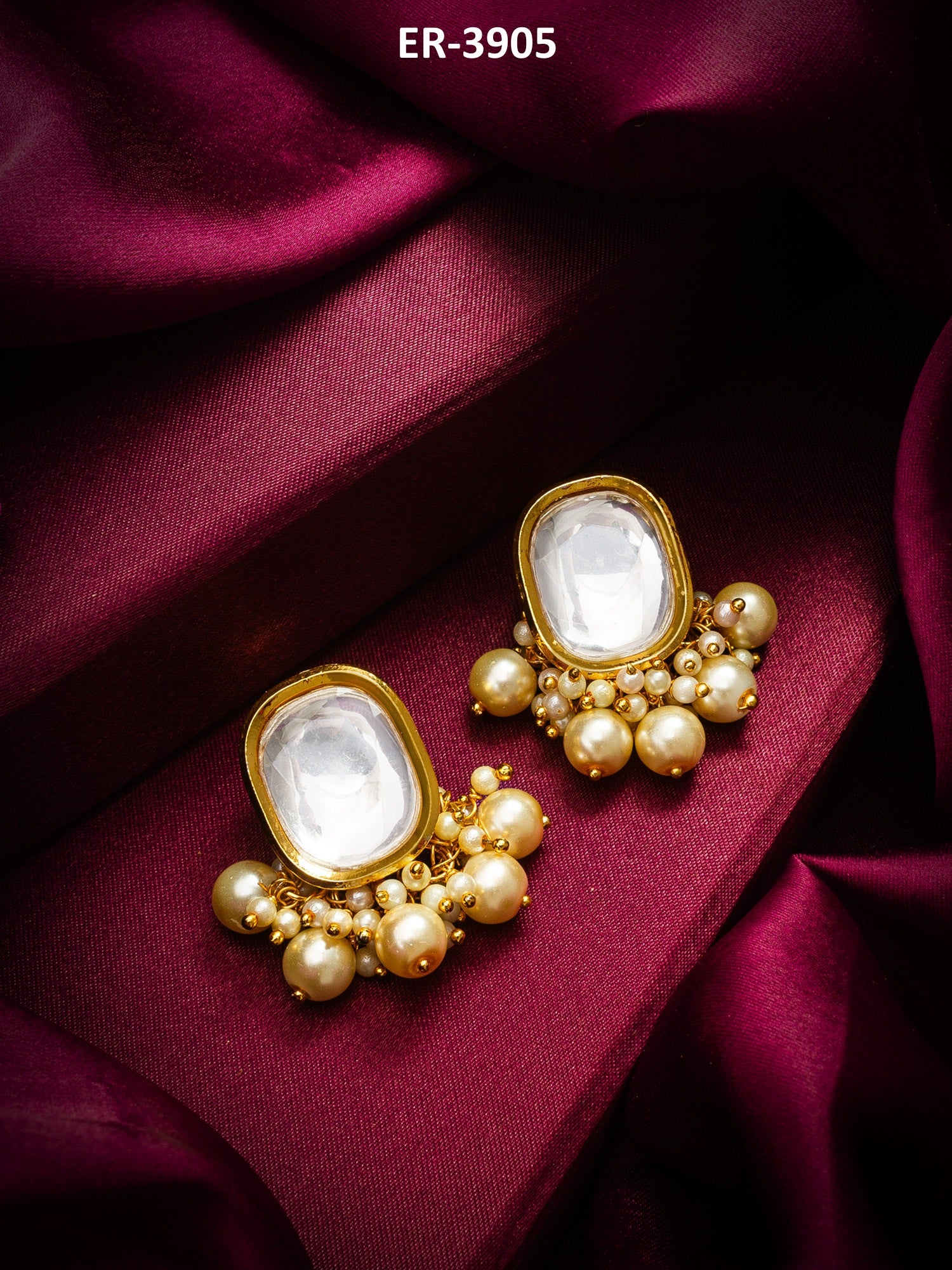 Classic Kundan Pearl Cluster Stud Earrings – View 5 | Aadita Jewelry