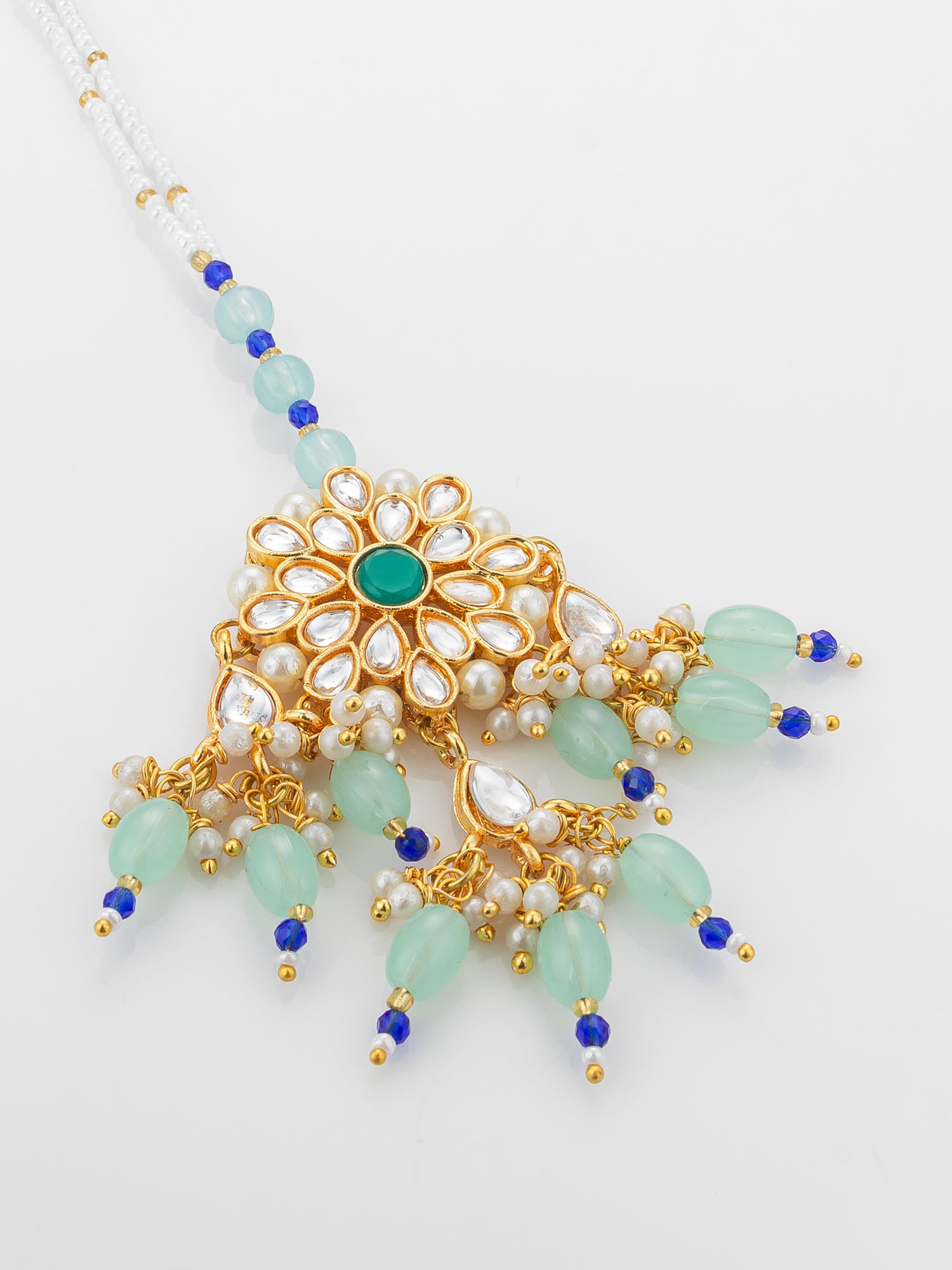 Aadita Gold Plated Kundan Flower Mangtika with Mint Green Bead Drops and Blue Crystal Chain – View 3 | Aadita Jewelry