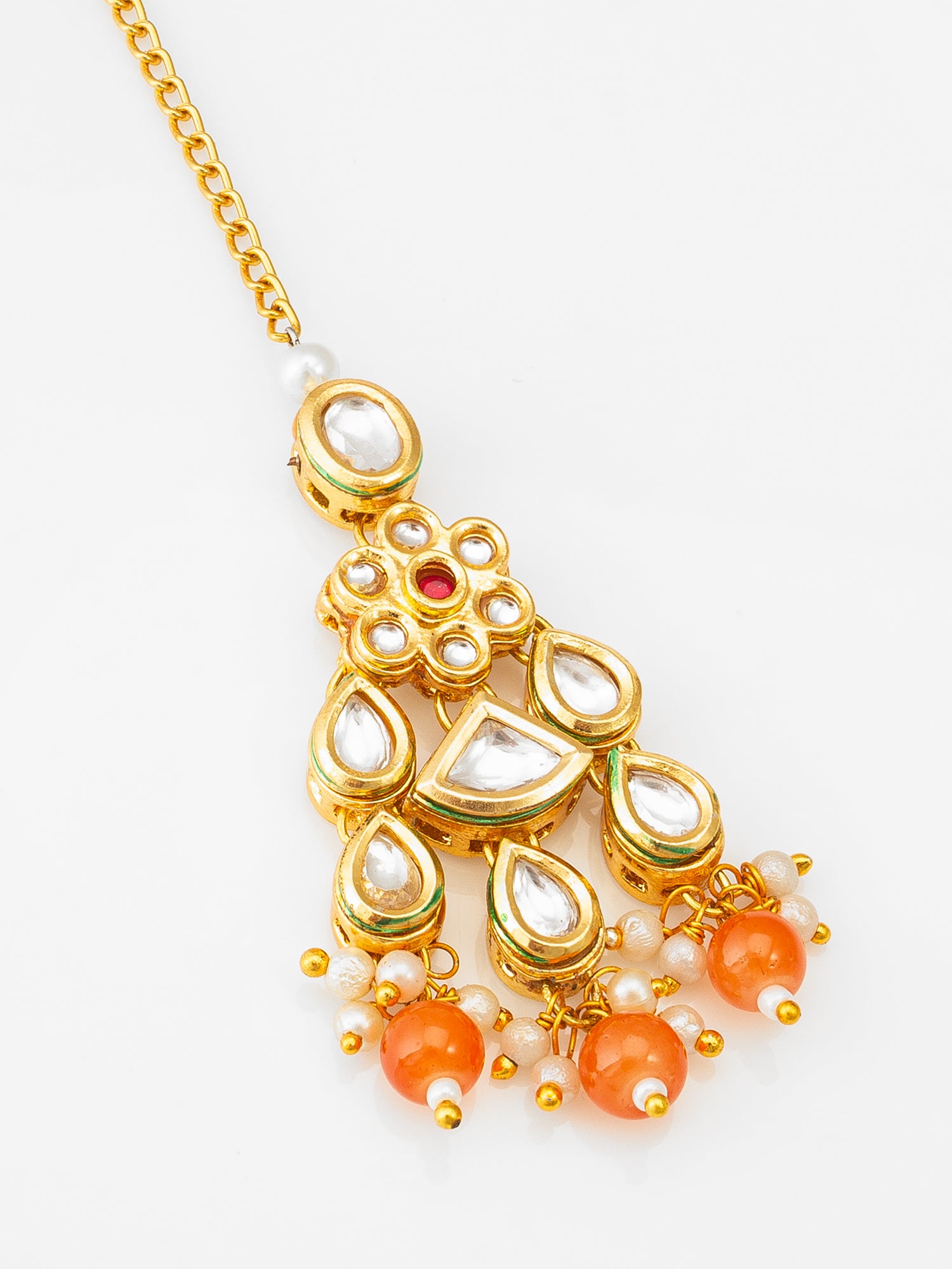 Kundan Maang Tikka with Orange Beads and Pearl – View 3 | Aadita Jewelry