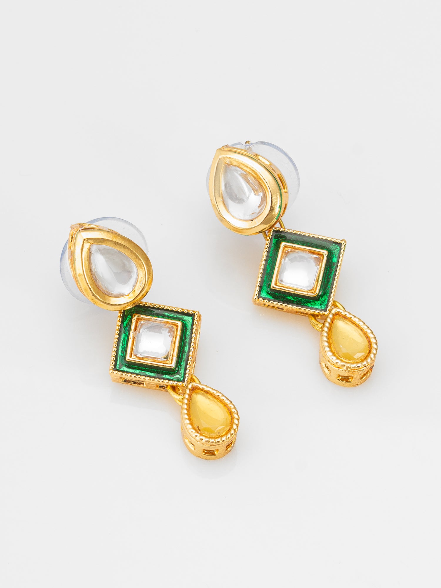 Pearl Necklace with Green Square Kundan and Yellow Drops – View 2 | Aadita Jewelry