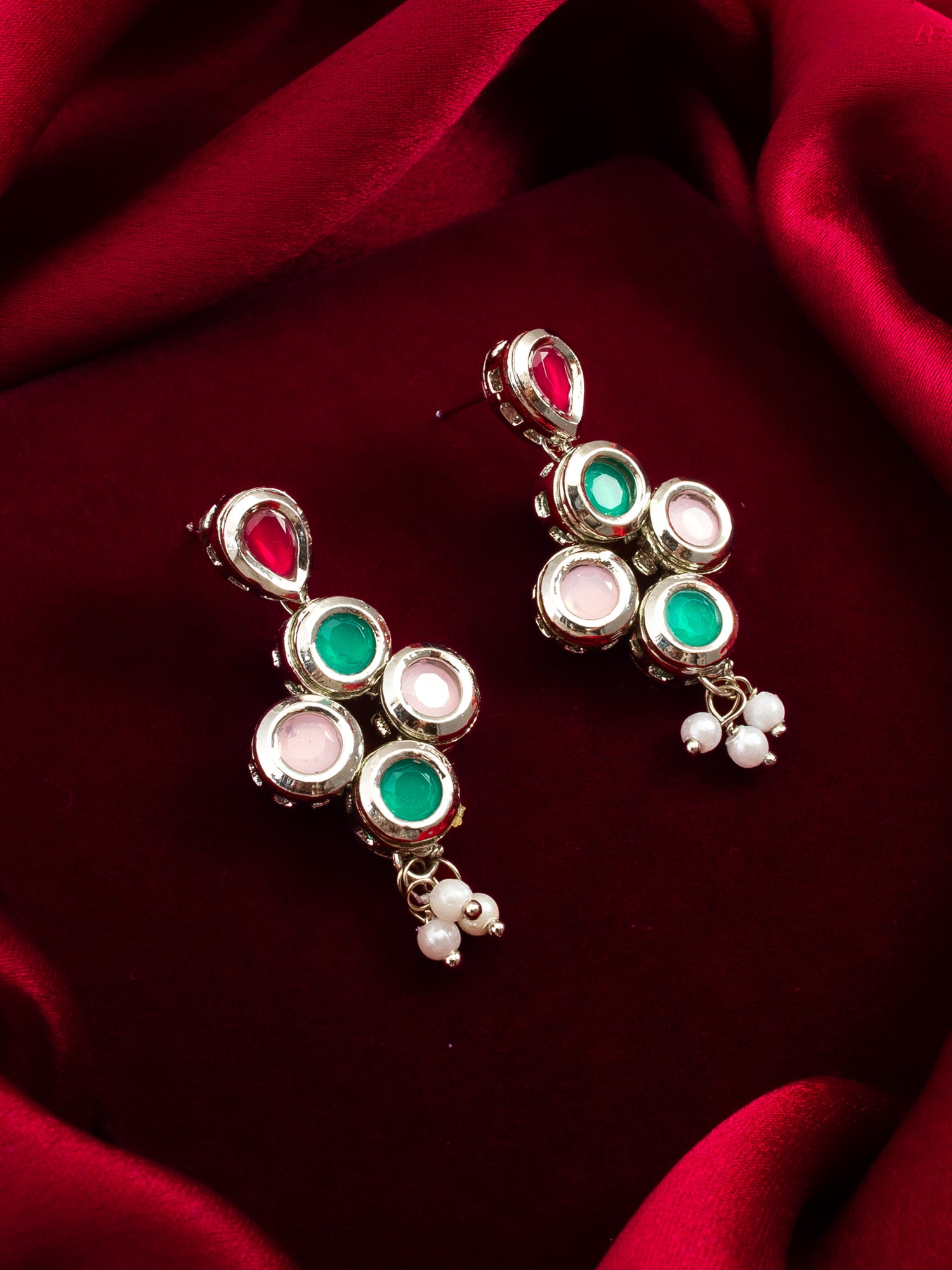 Silver Plated Multi-Color Drop Earrings with Pearl – View 4 | Aadita Jewelry