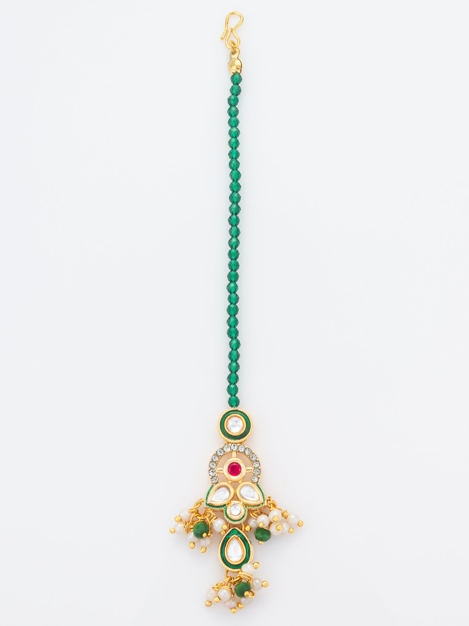 Aadita Gold Plated Green Bead Chain Mangtika with Meenakari Layered Pendant and Pearl Drops | Aadita Jewelry