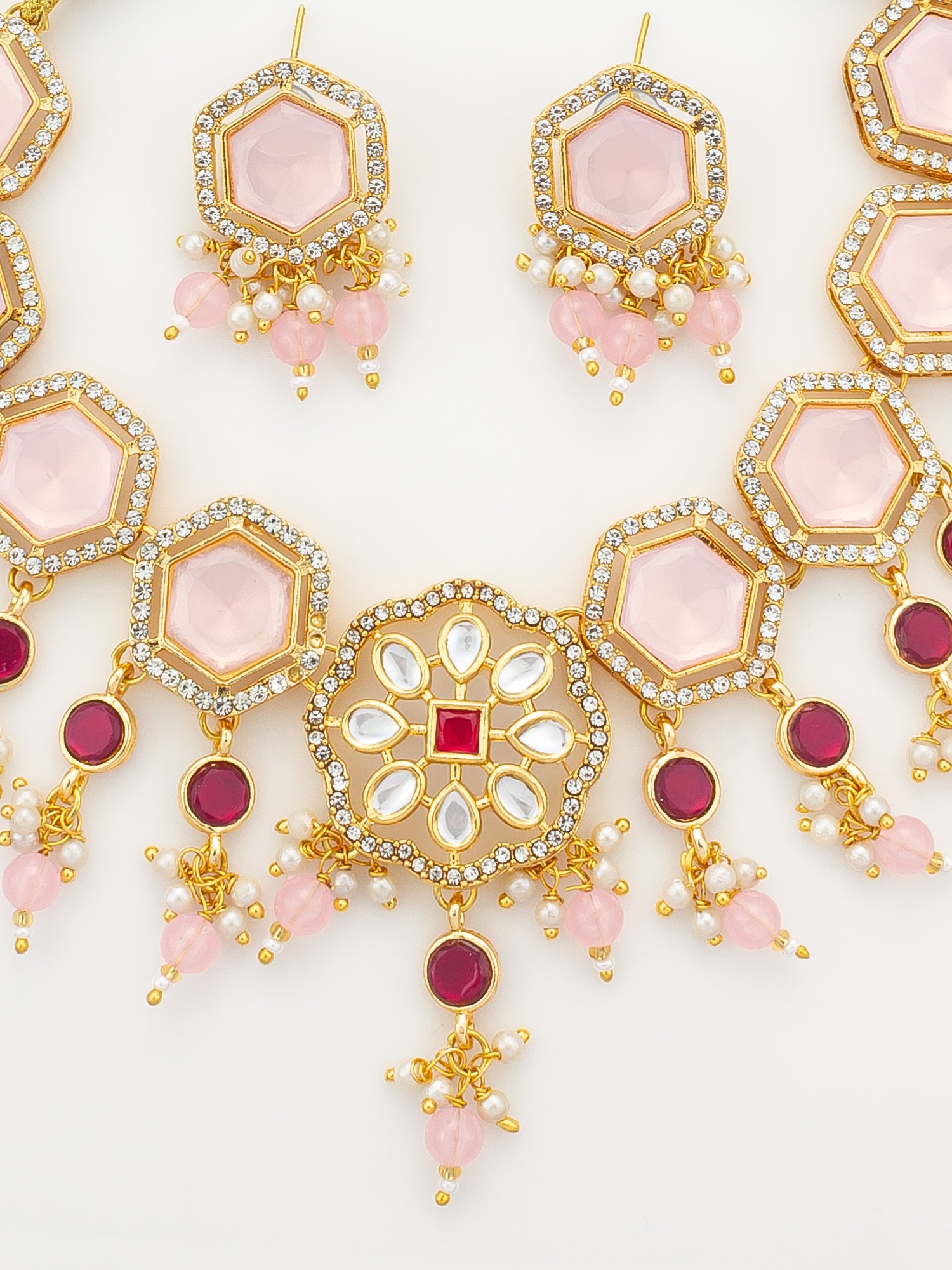 Aadita Gold Plated Kundan Necklace Set with Pink Stones end Earrings – View 4 | Aadita Jewelry