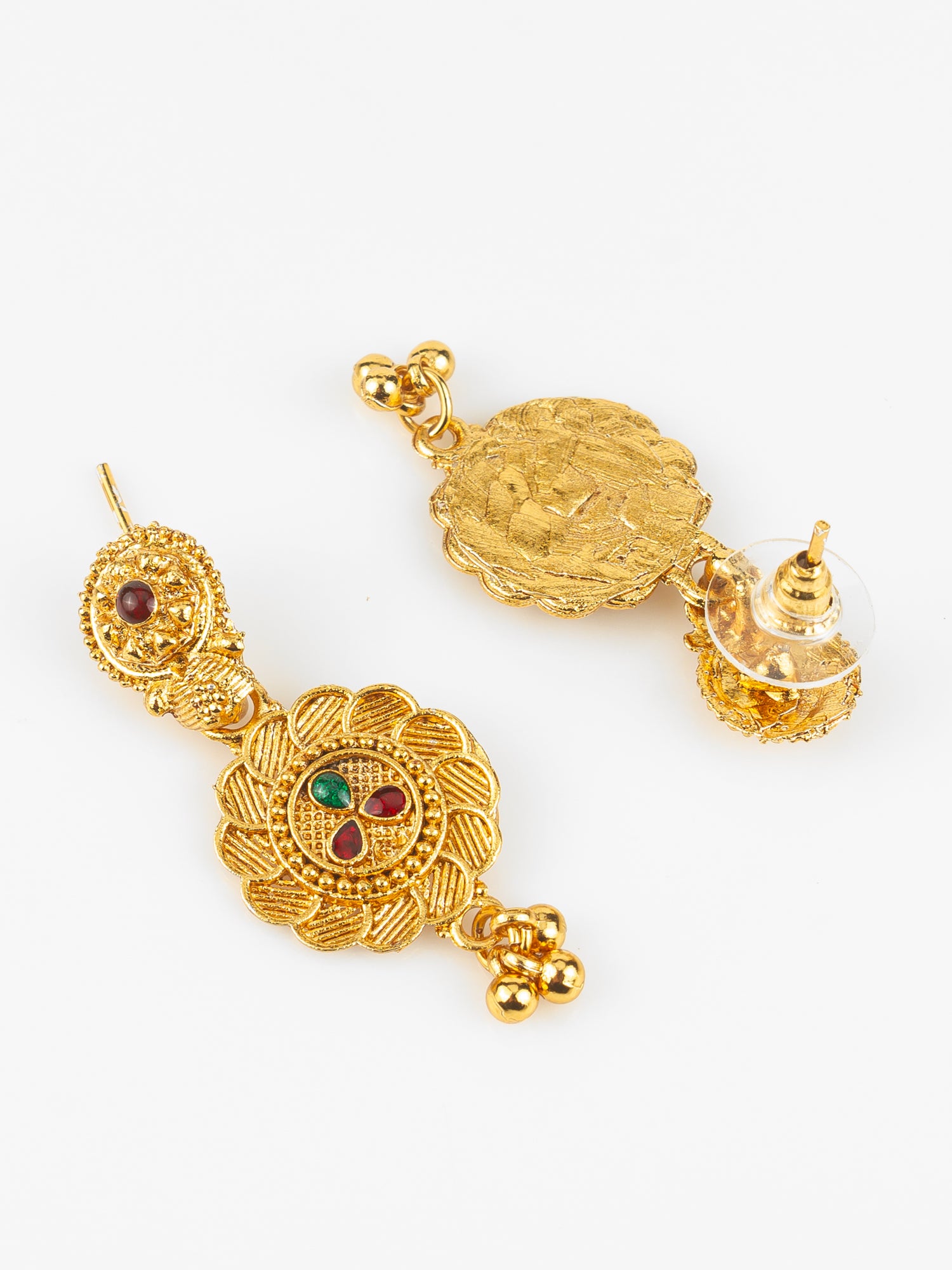 Gold Plated Traditional South Indian Long Necklace Set with Kemp Stones for Women – View 3 | Aadita Jewelry