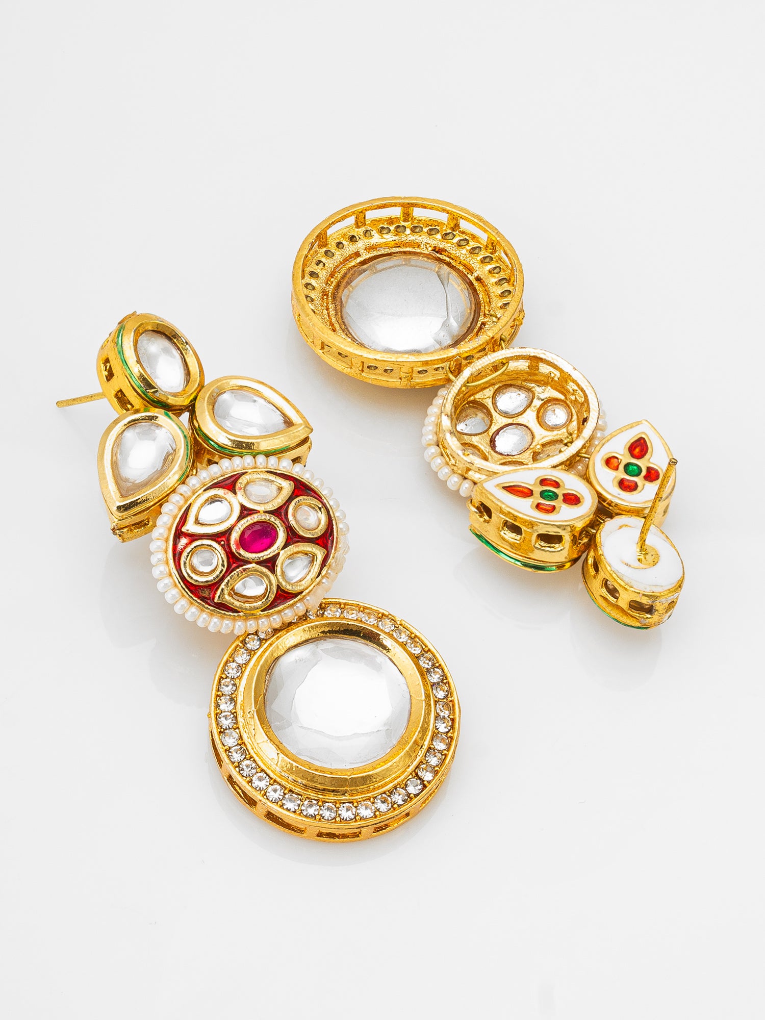 Gold-Plated Stone & Meenakari Circular Drop Earrings with Pearl – View 2 | Aadita Jewelry