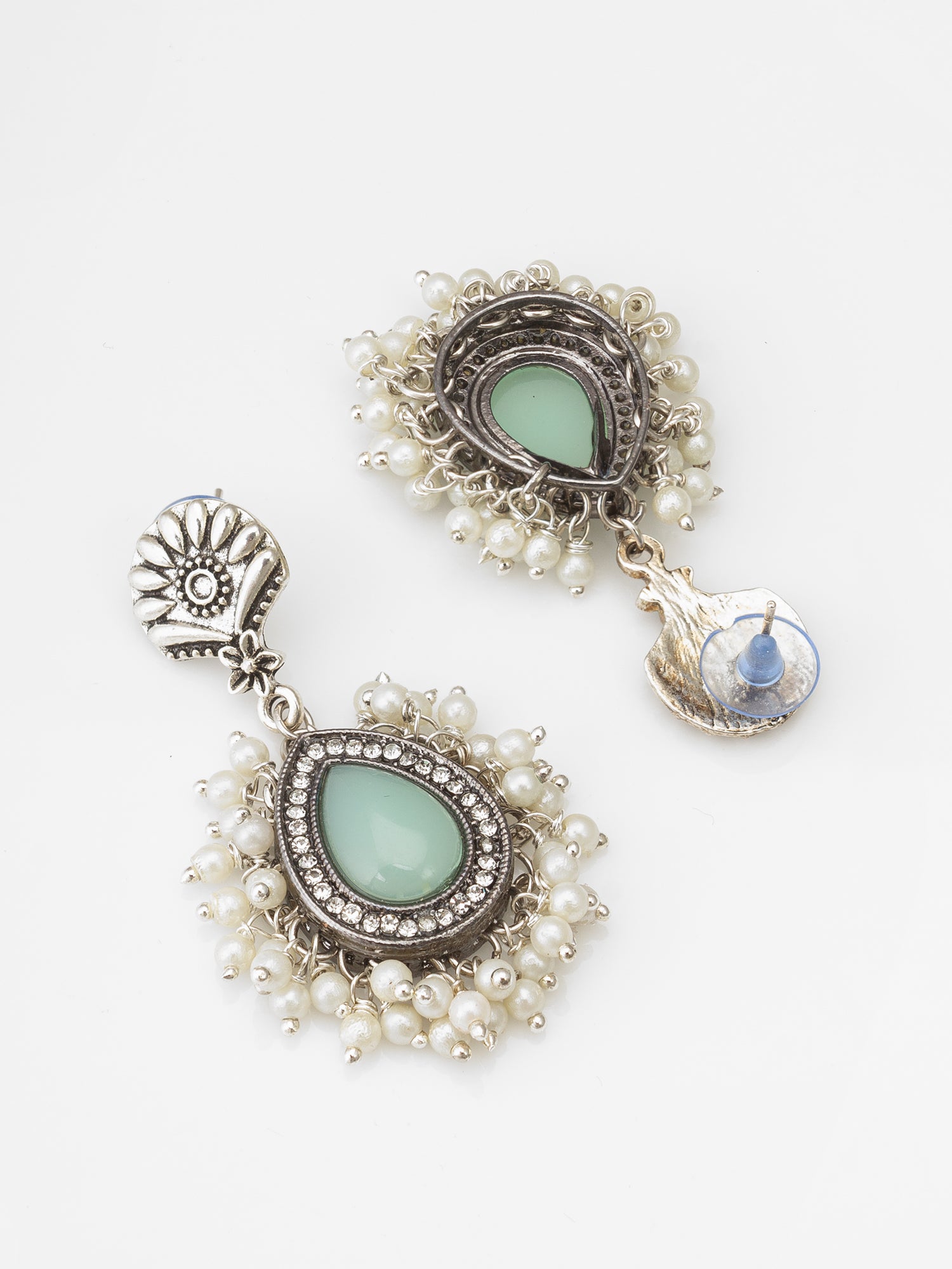 Oxidized Silver Earrings with Mint Stone and Pearl Cluster – View 2 | Aadita Jewelry