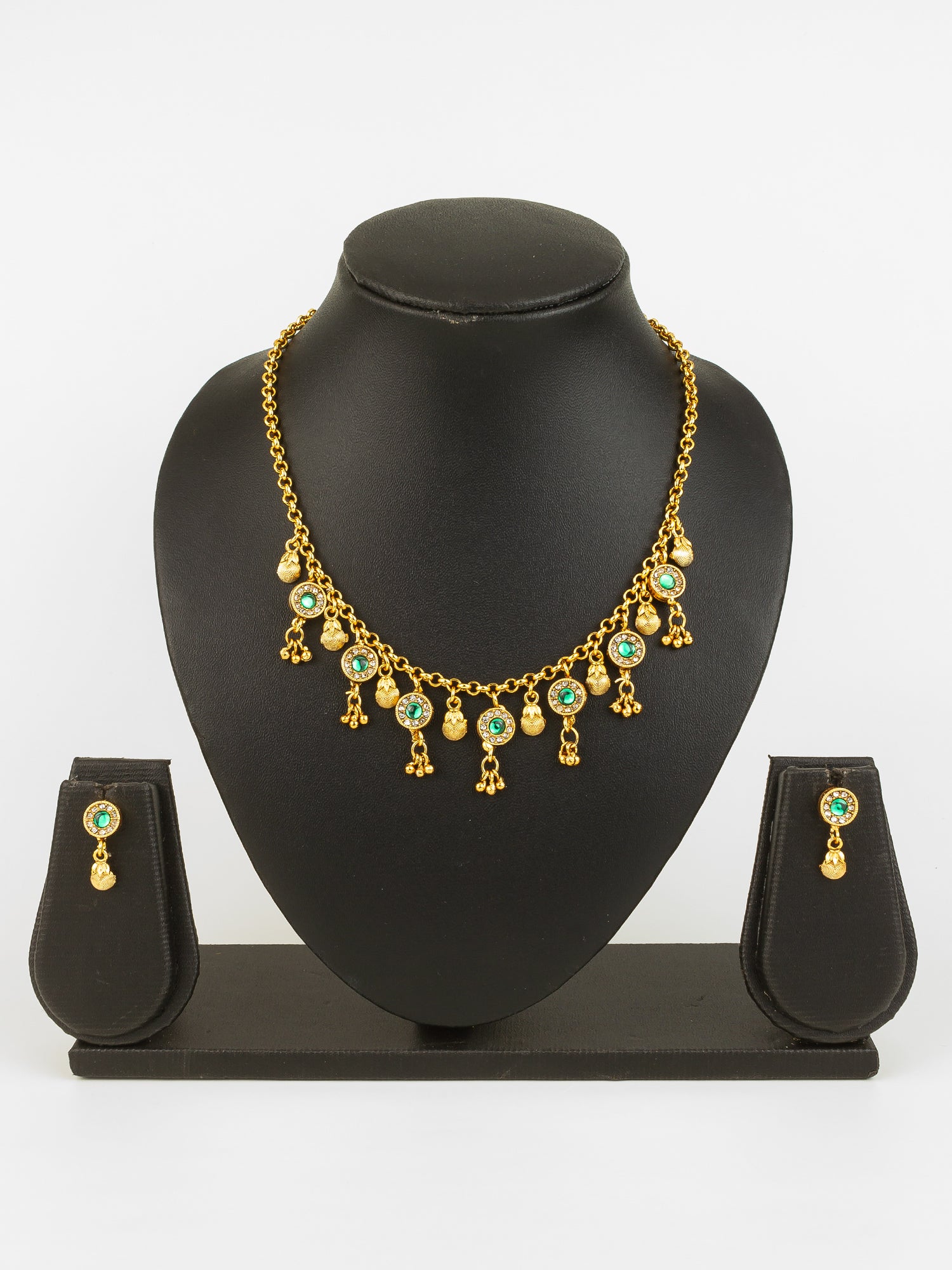 Traditional Gold-Plated Green Stone Necklace Set for Women | Ethnic Temple Jewelry with Earrings | Festive & Wedding Wear – View 5 | Aadita Jewelry