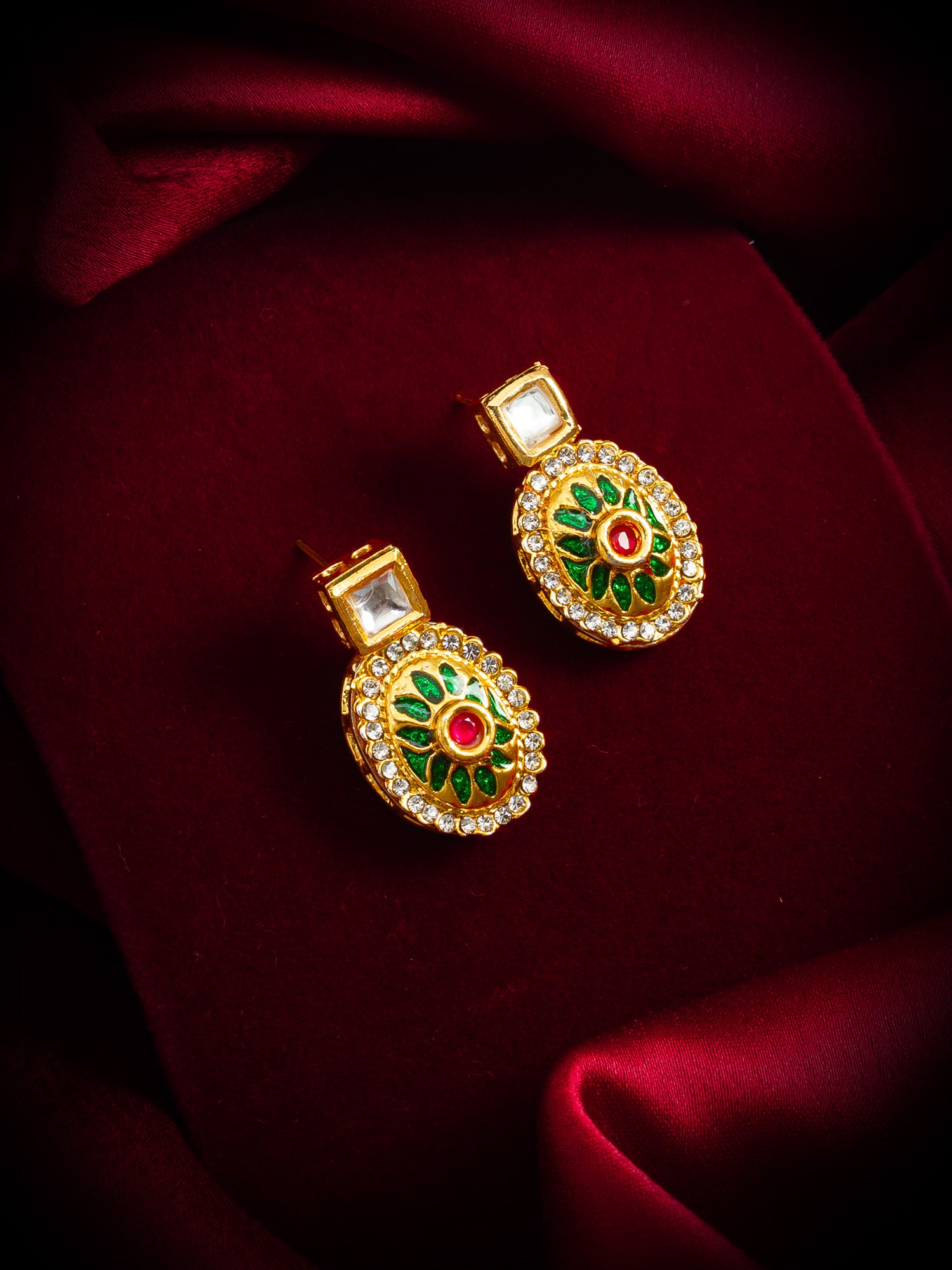 Gold-Plated Square Stud Earrings with Meenakari Drop and Crystal – View 4 | Aadita Jewelry
