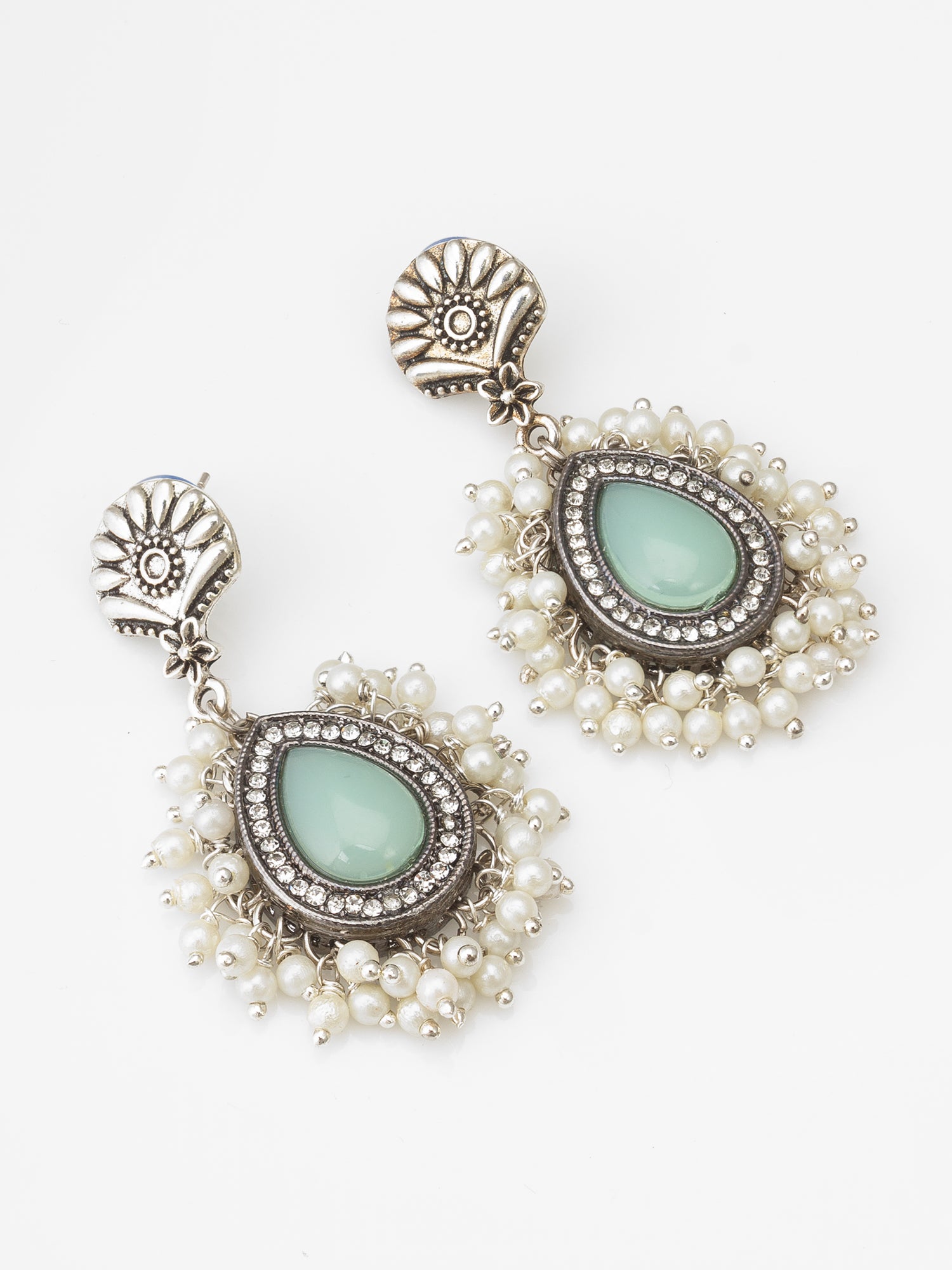Oxidized Silver Earrings with Mint Stone and Pearl Cluster | Aadita Jewelry