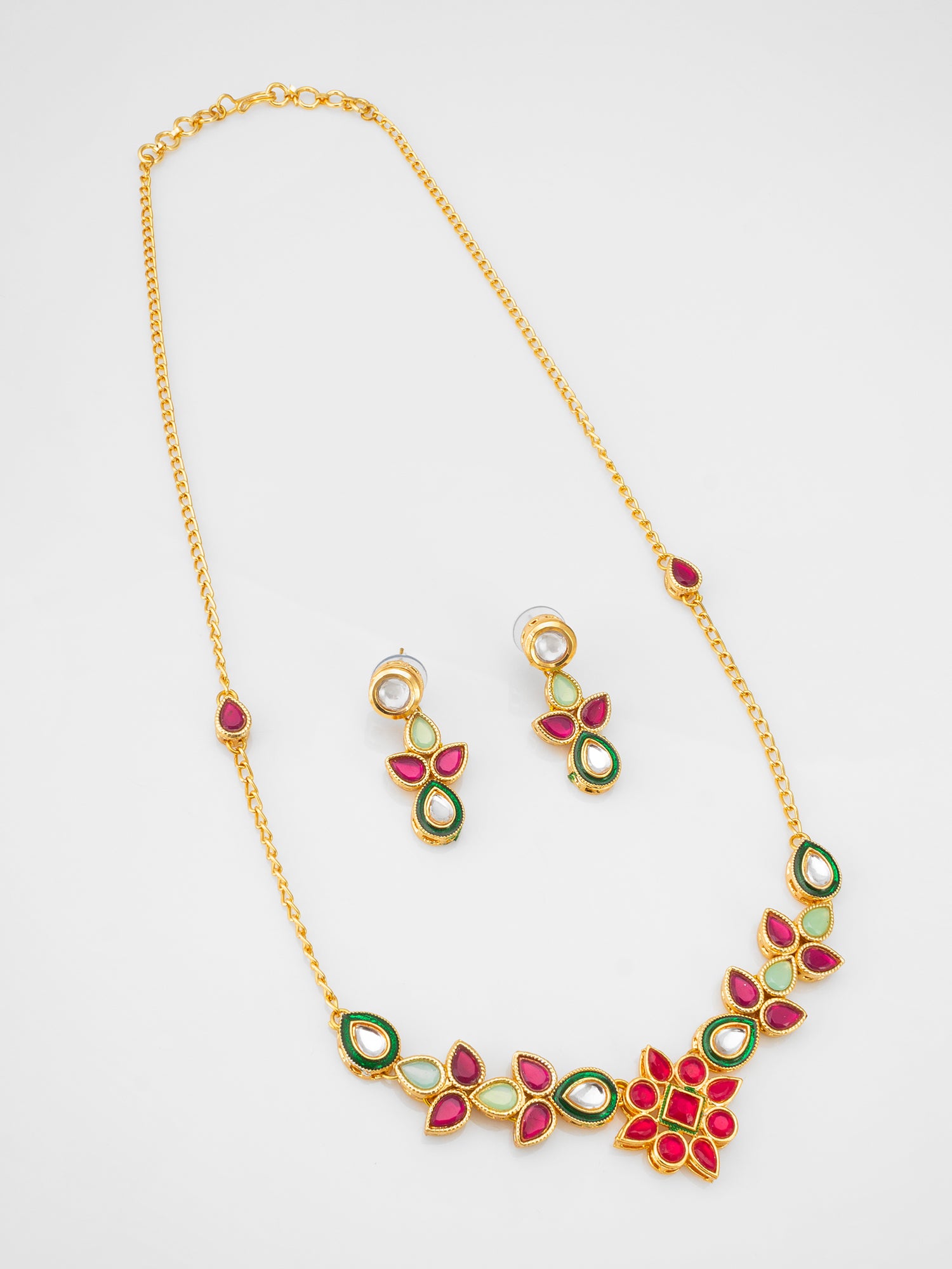Gold Plated Teardrop Kundan Necklace with Red and Green Stones | Aadita Jewelry