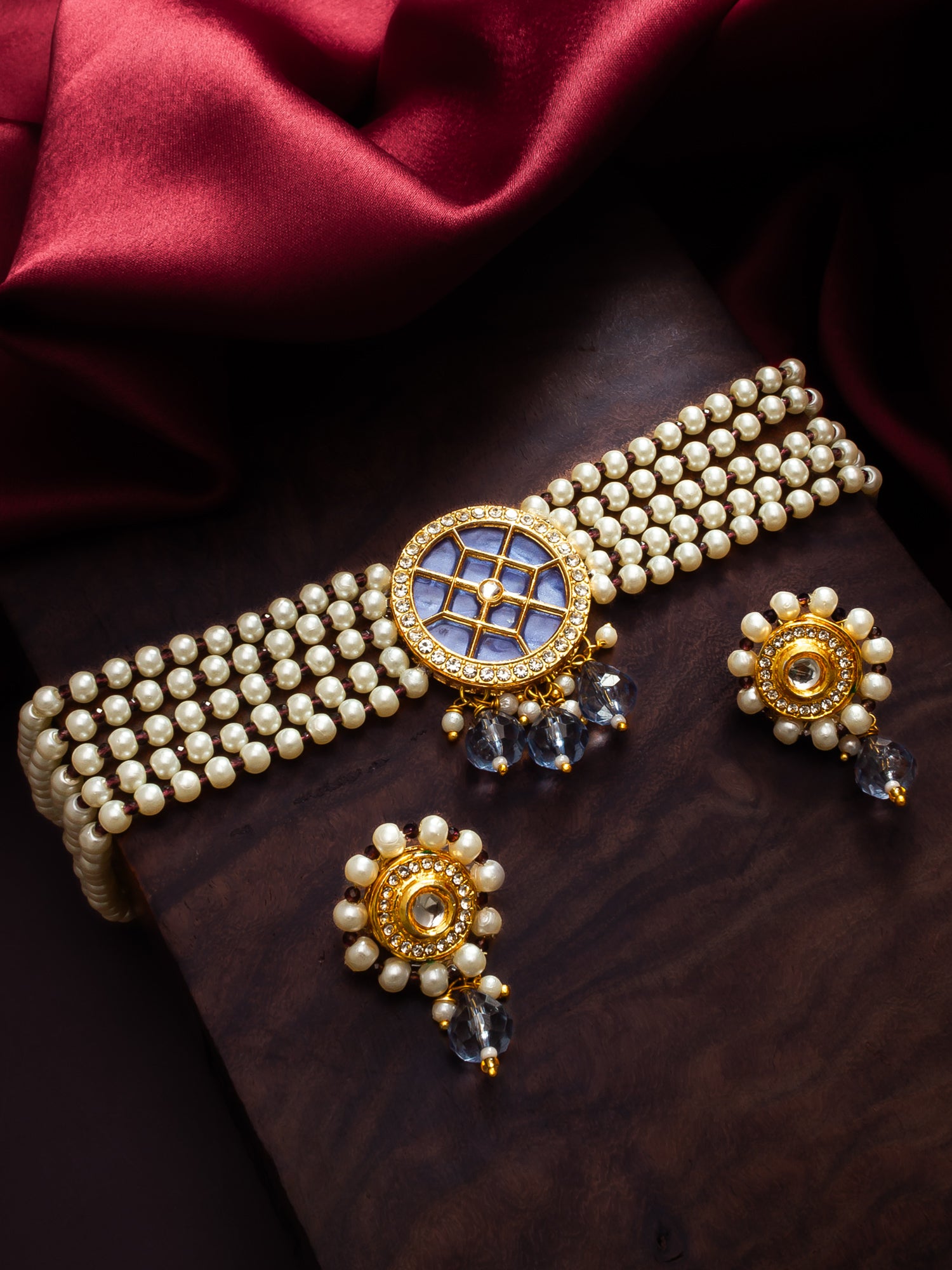 Gold Plated Blue Center Kundan Choker Necklace Set for Women – View 5 | Aadita Jewelry
