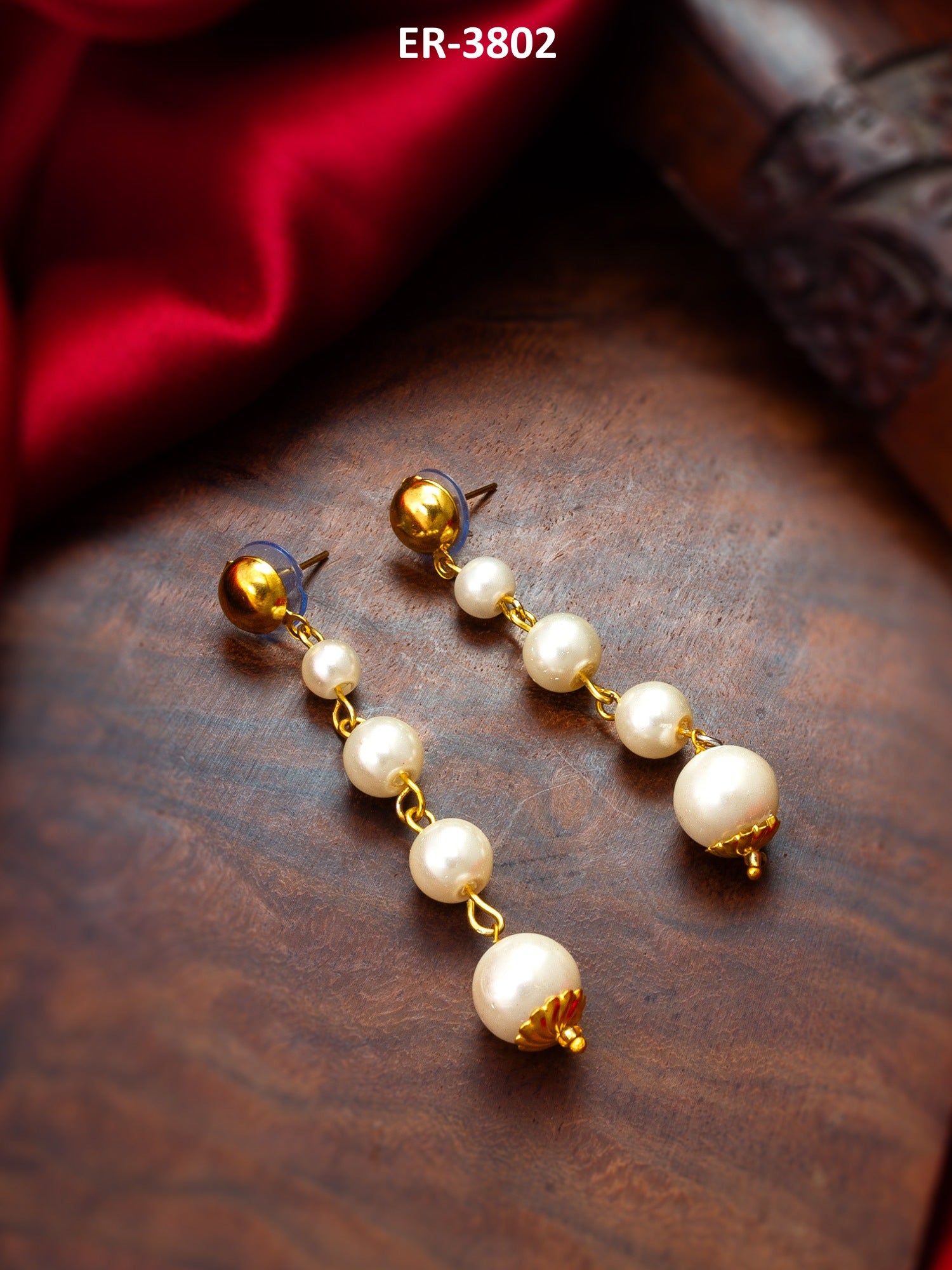 Gold-Toned Graduated Pearl Drop Earrings – View 5 | Aadita Jewelry