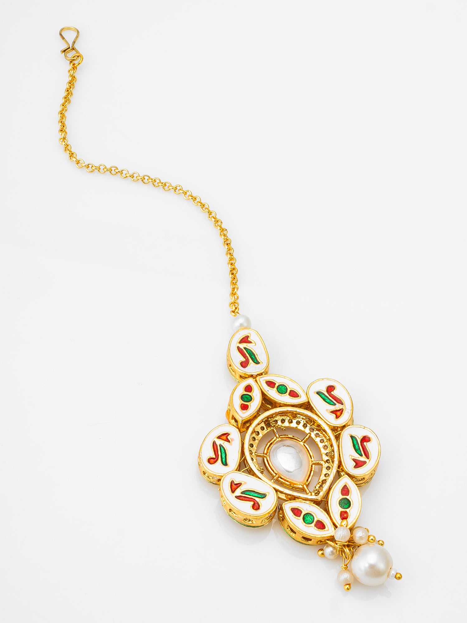 Gold-Plated Kundan Cluster Maang Tikka with Pearl Drop – View 2 | Aadita Jewelry