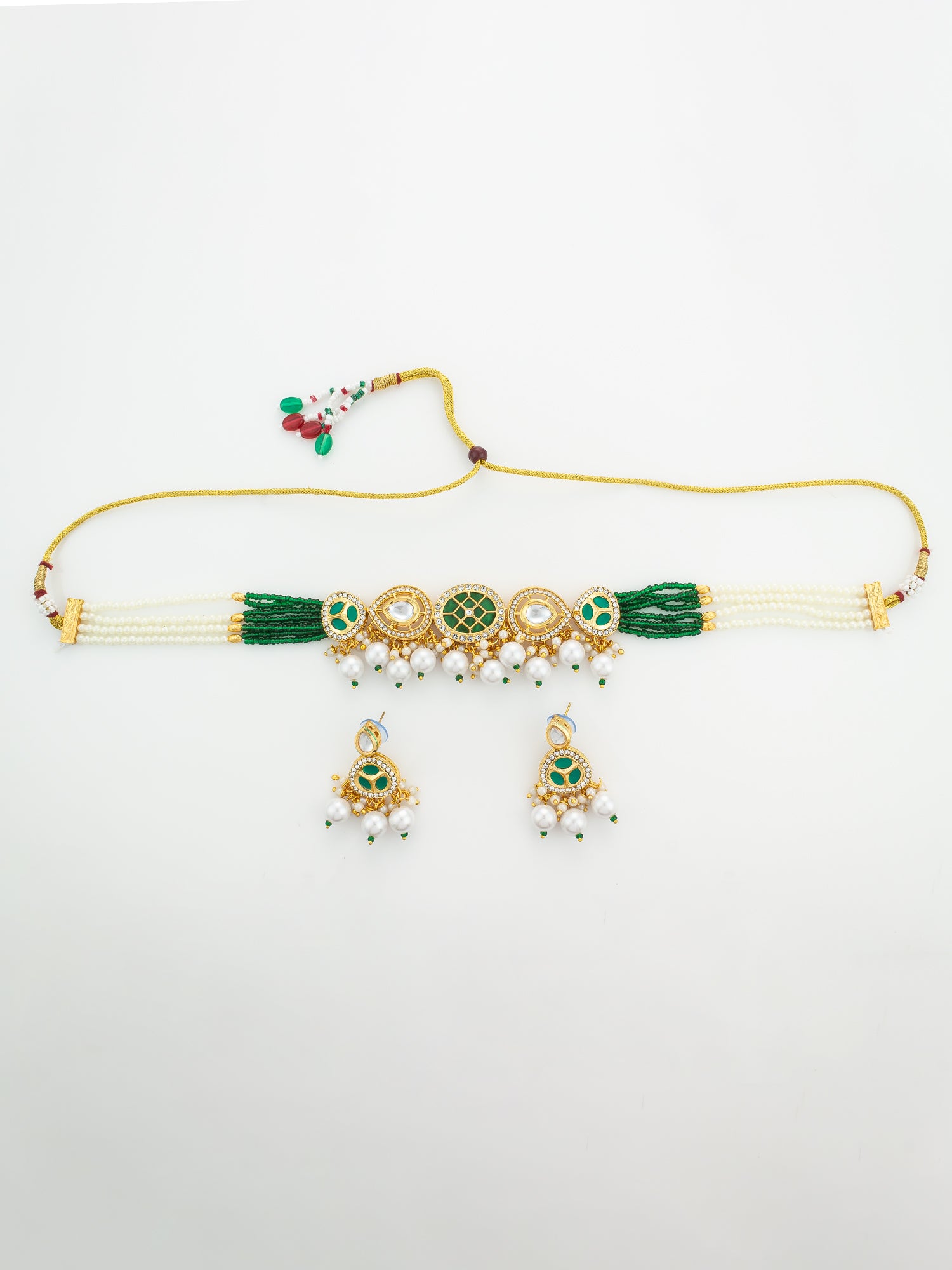 Green Bead Stranded Kundan Gold Plated Choker Necklace Set | Aadita Jewelry