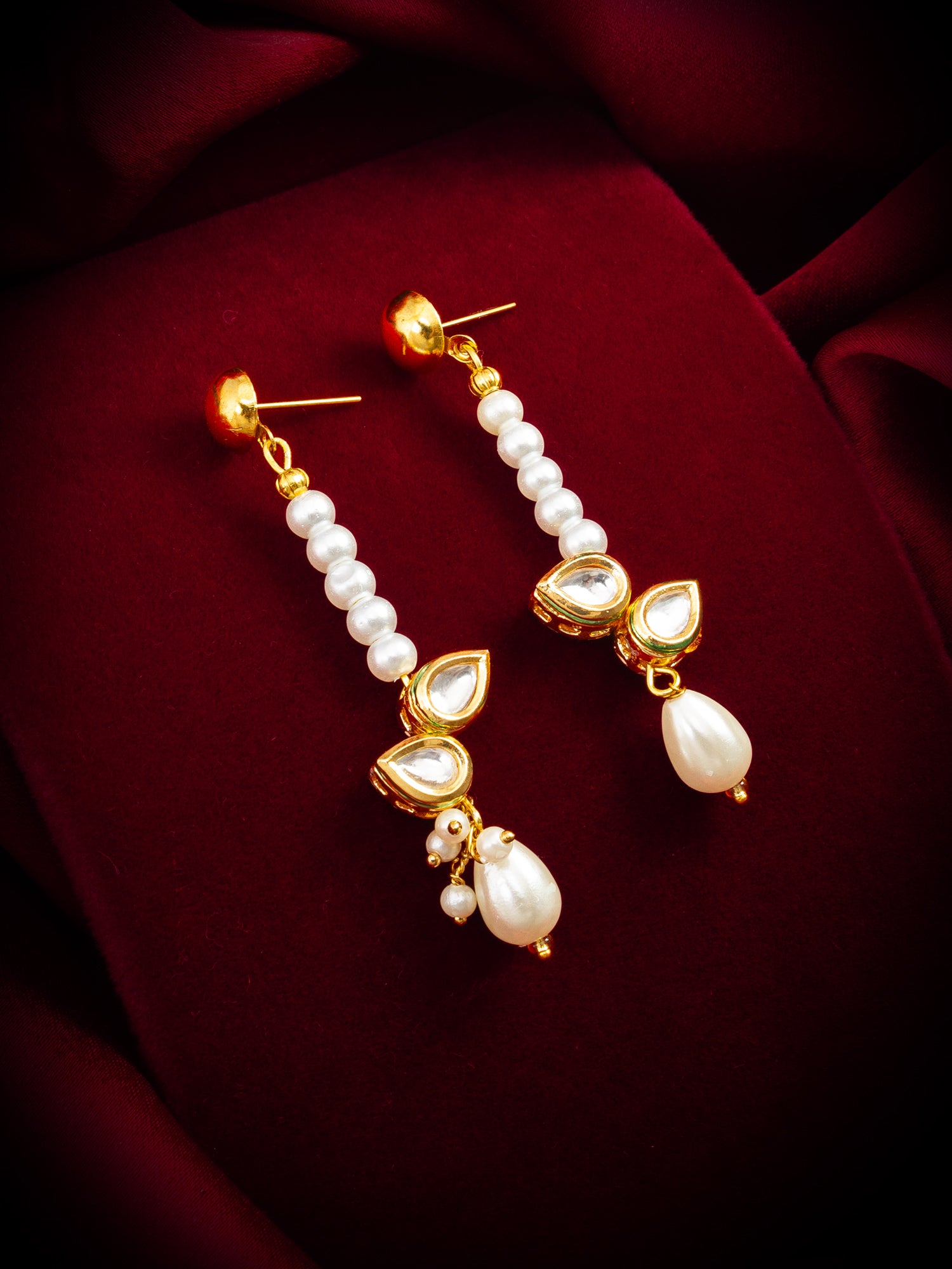 Gold Plated Kundan and Pearl Beaded Drop Earrings – View 4 | Aadita Jewelry