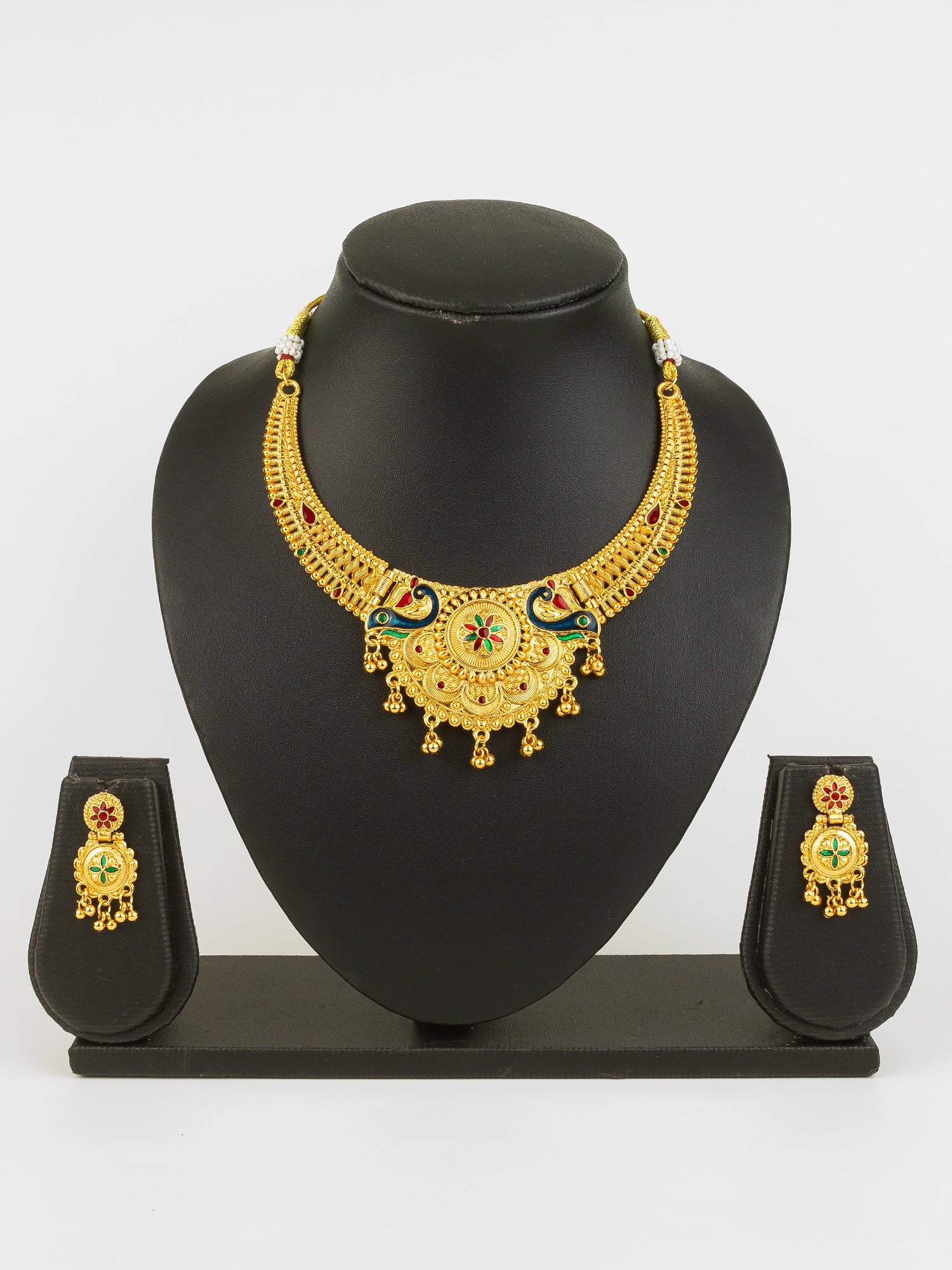 Gold-Plated Temple Peacock Necklace Set for Women | Traditional Bridal Jewellery with Earrings | Antique South Indian Design – View 5 | Aadita Jewelry