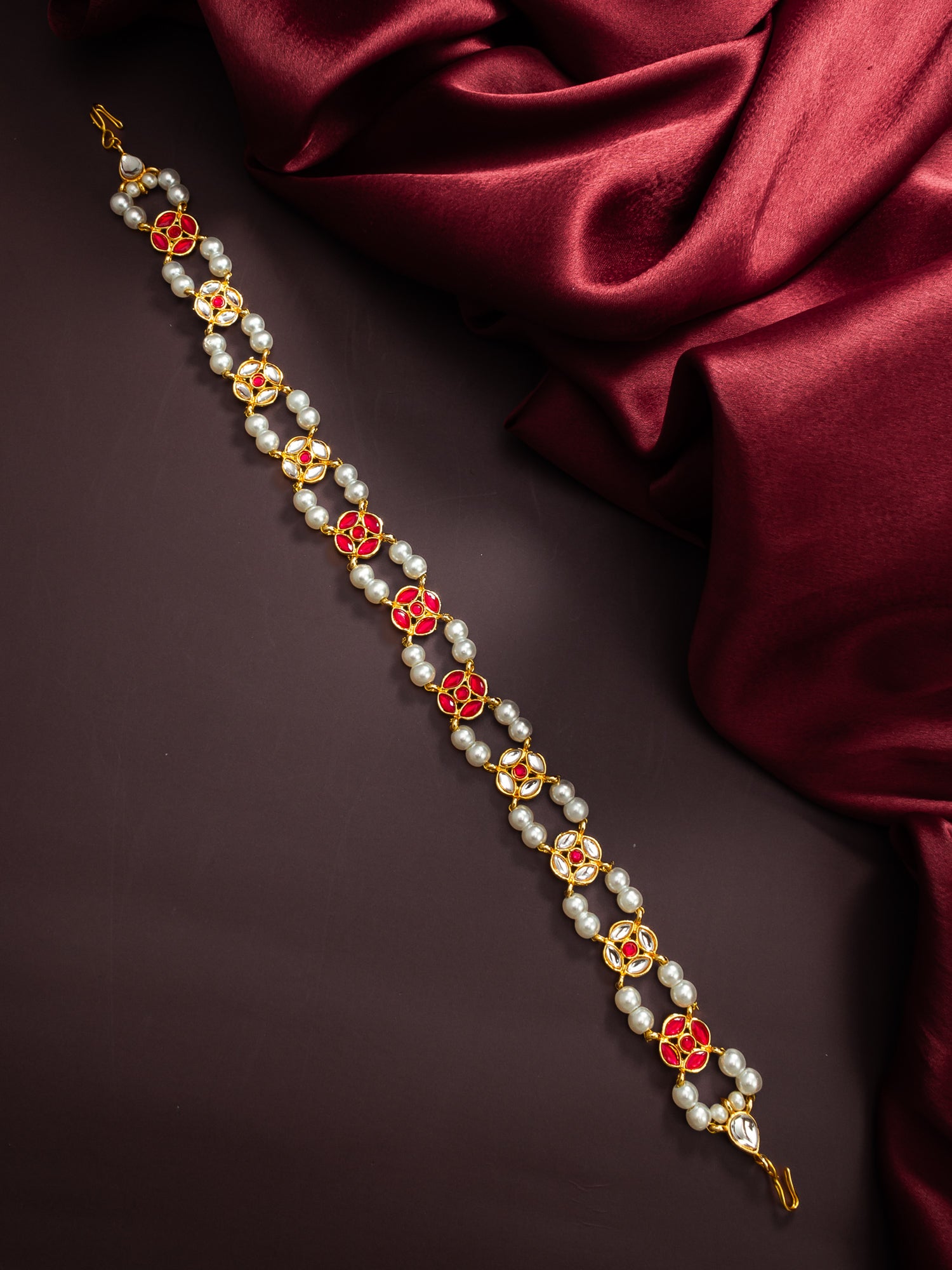 Traditional Kundan Red Enamel Matha Patti with Pearls – Bridal Headpiece – View 5 | Aadita Jewelry