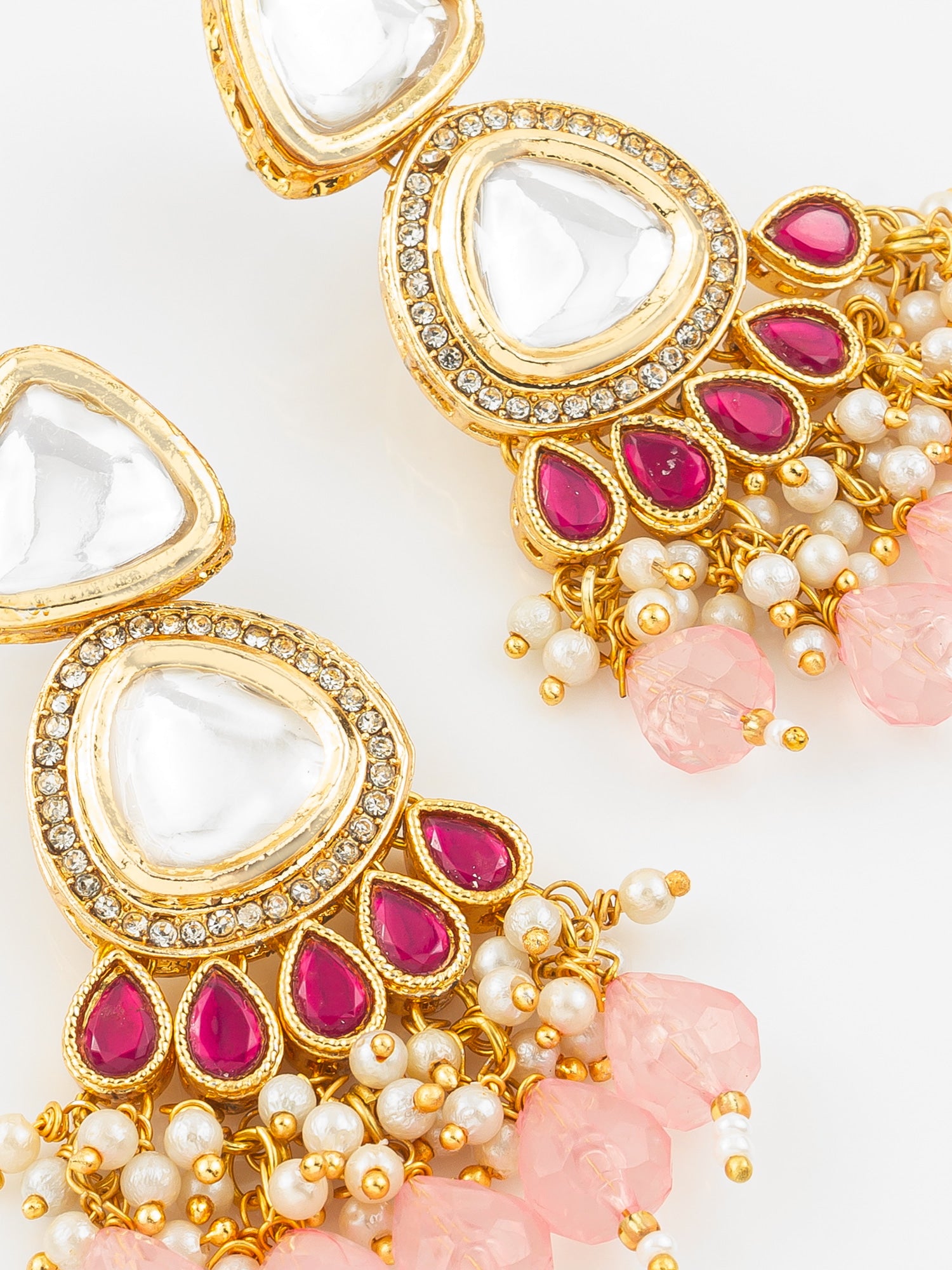 Gold Plated Kundan & Pink Beaded Chandbali Earrings for Women and Girls – View 4 | Aadita Jewelry