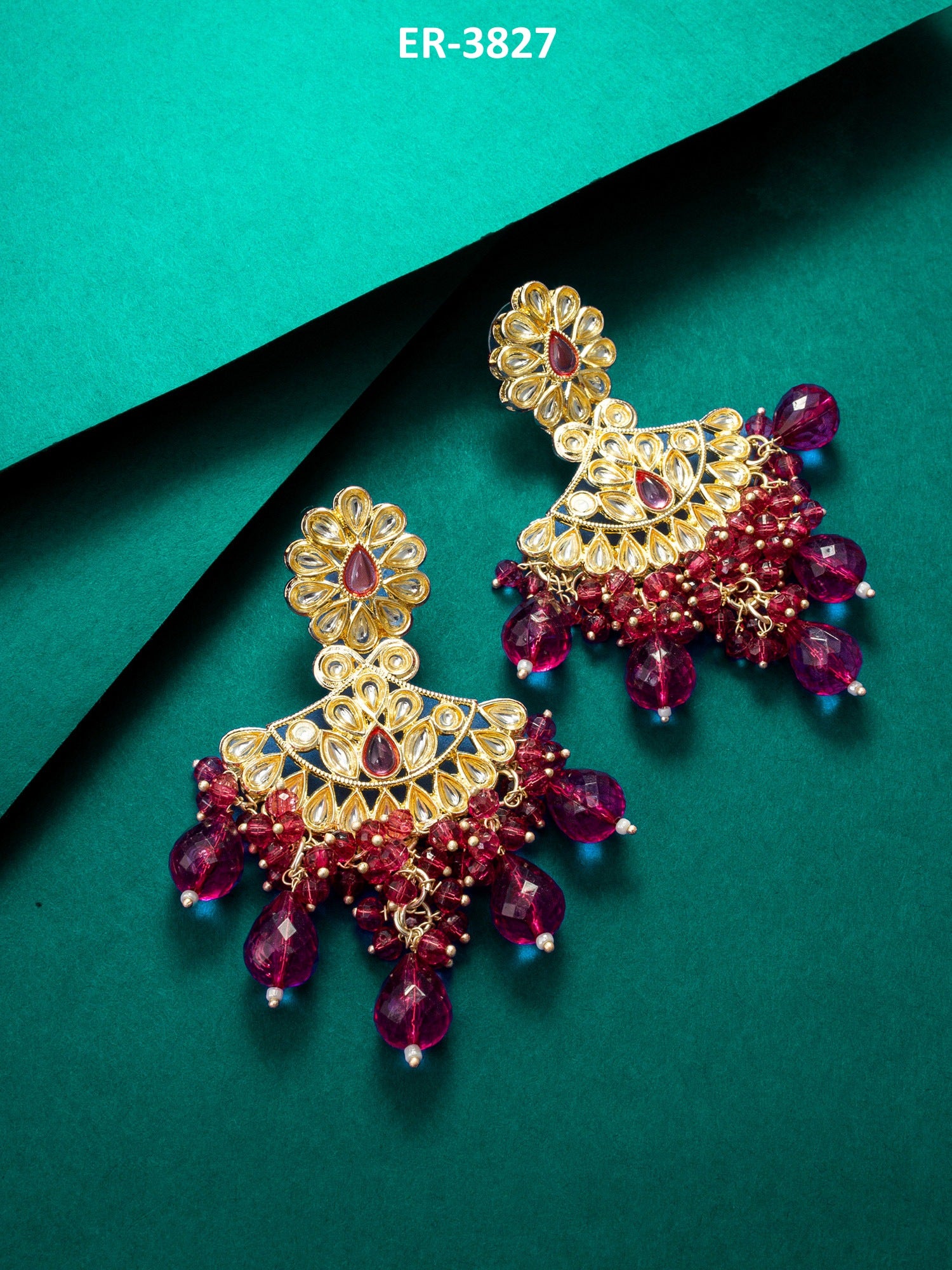 Deep Pink Floral Kundan Earrings – View 5 | Aadita Jewelry