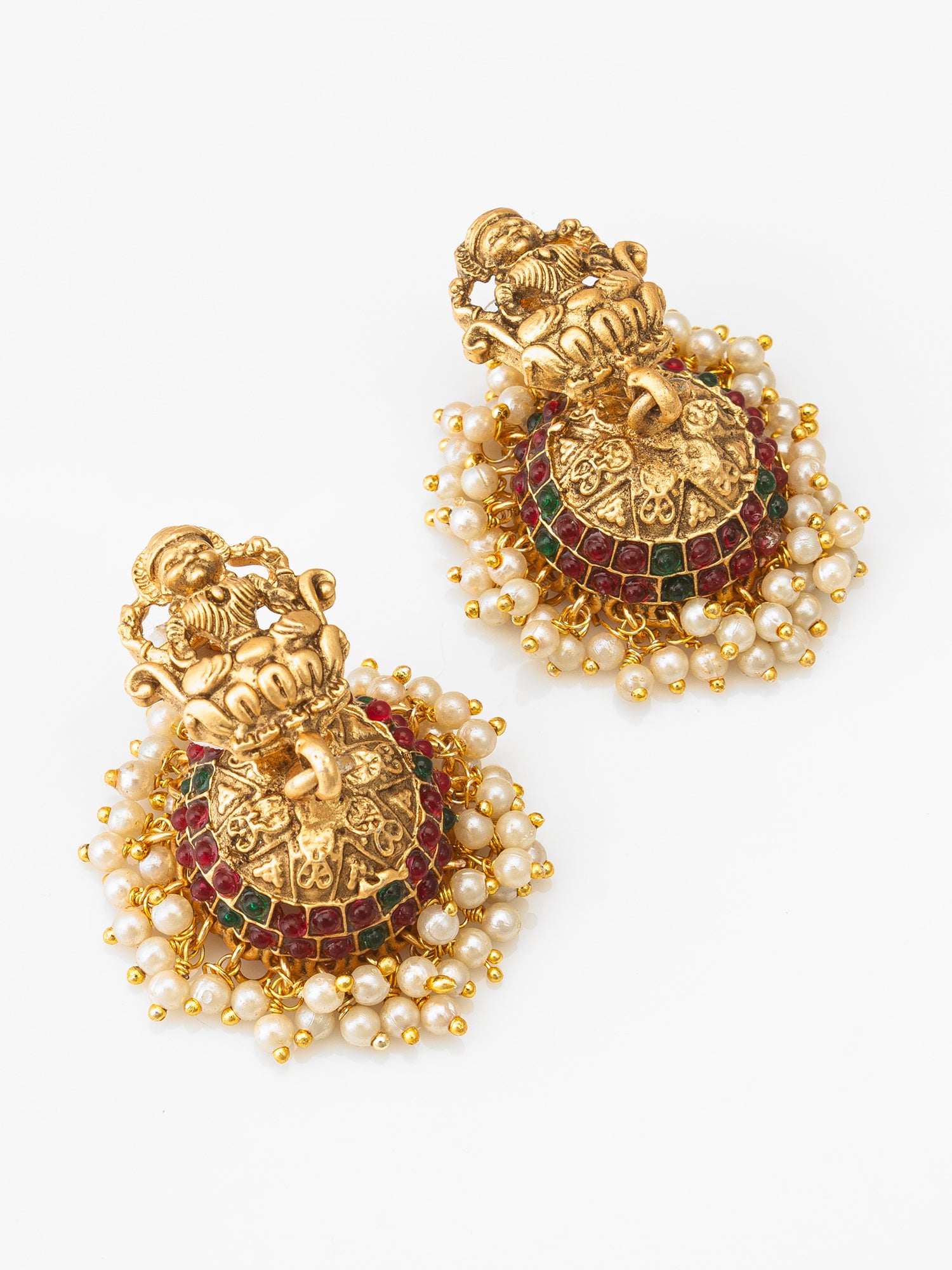 Long Temple Necklace Set with Ganesha Jhumka Earrings, Stones and Emerald Bead Drops – View 2 | Aadita Jewelry