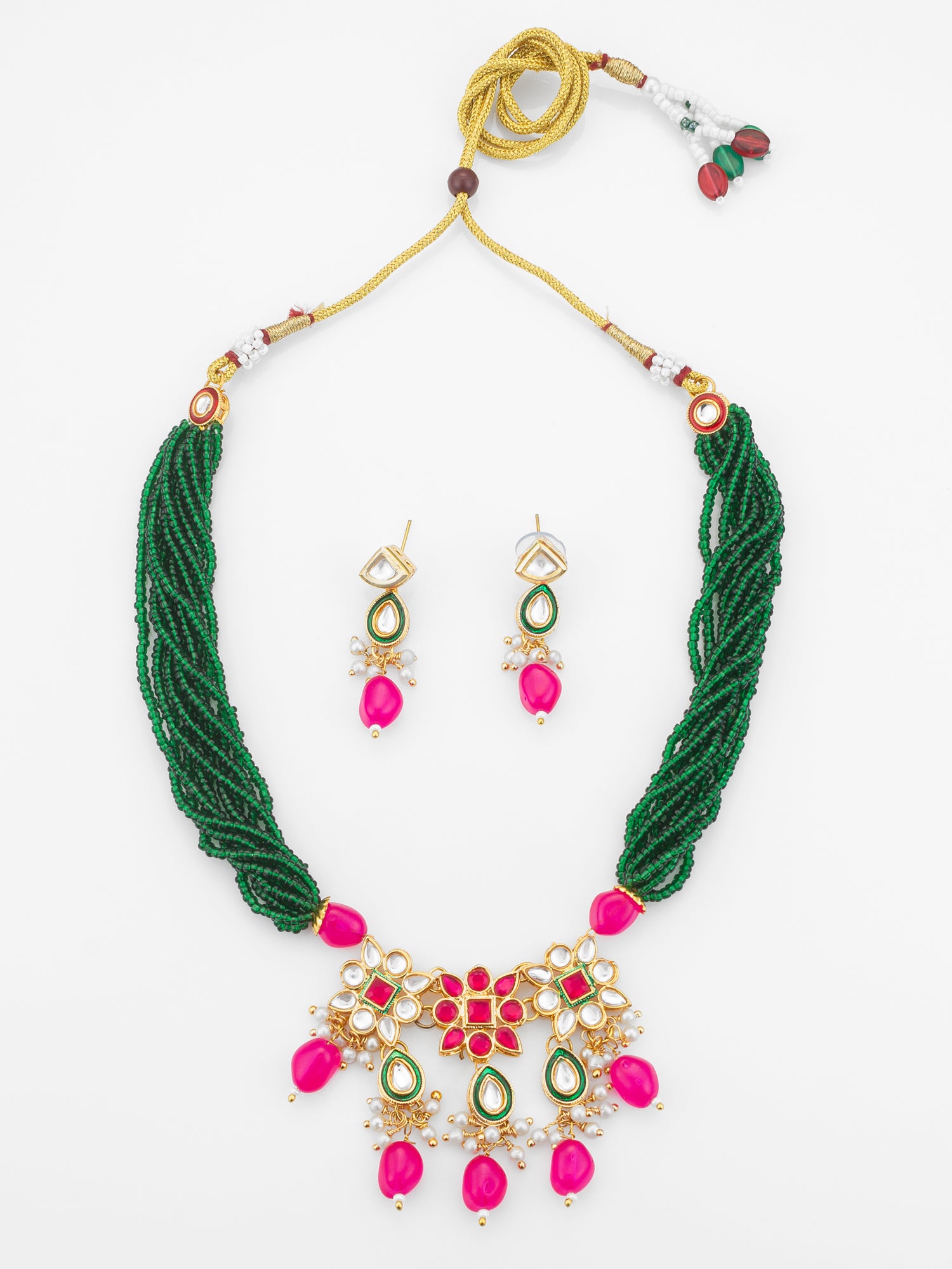 Green Beaded Multi-Strand Kundan Necklace Set with Pink Drops and Meenakari Pendant | Aadita Jewelry