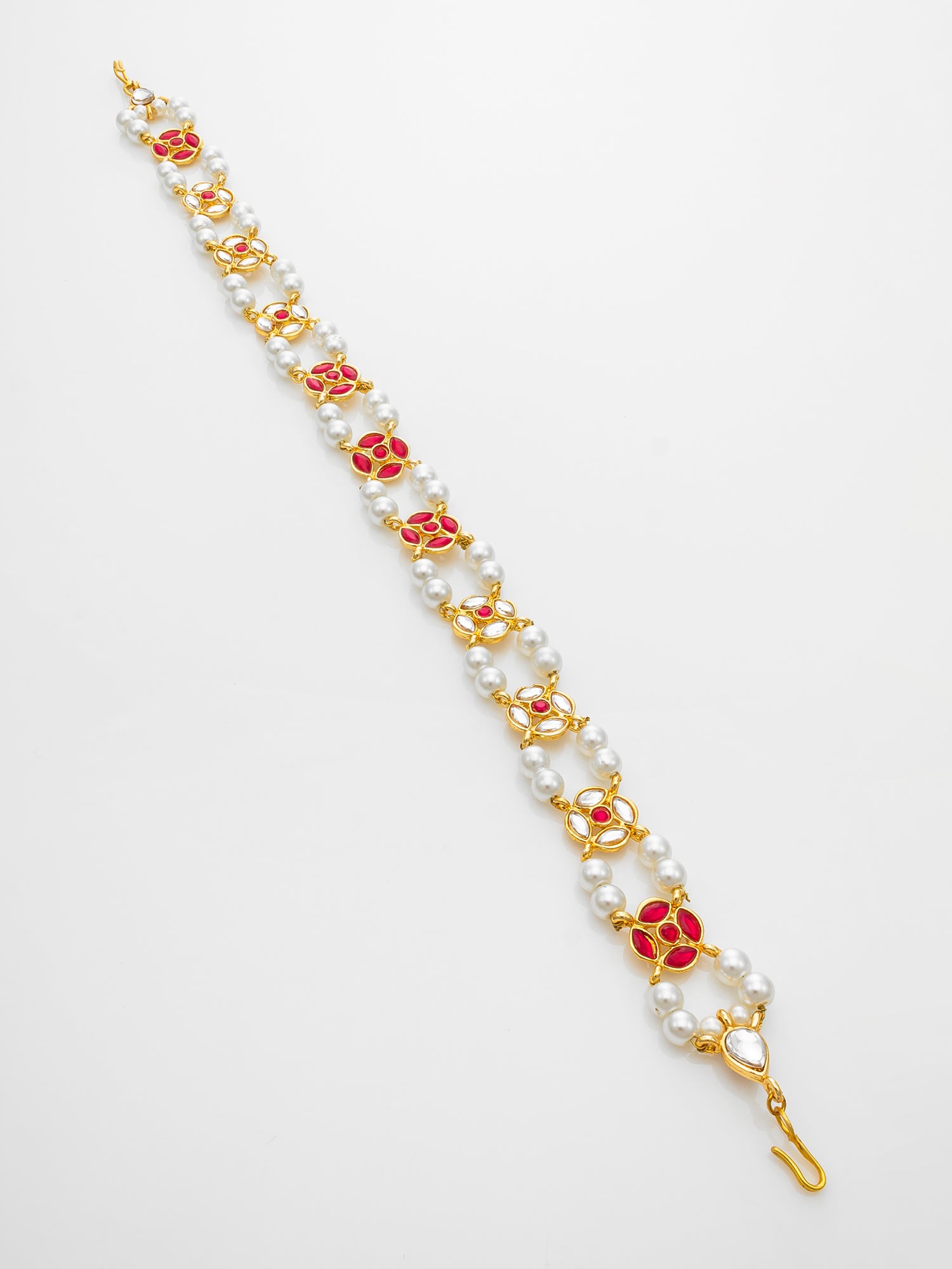 Traditional Kundan Red Enamel Matha Patti with Pearls – Bridal Headpiece – View 2 | Aadita Jewelry
