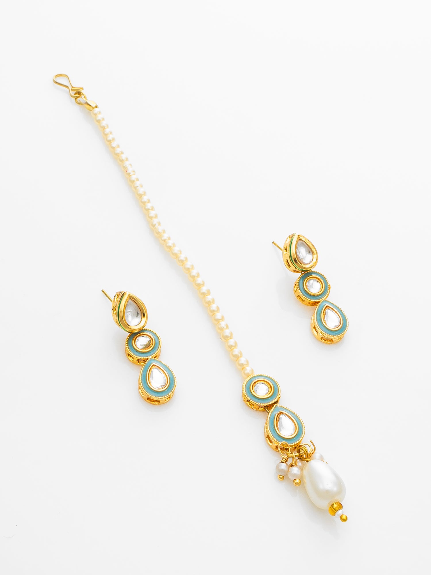 Gold Plated Kundan Choker Necklace Set with Green Enamel and Maang Tikka – View 2 | Aadita Jewelry
