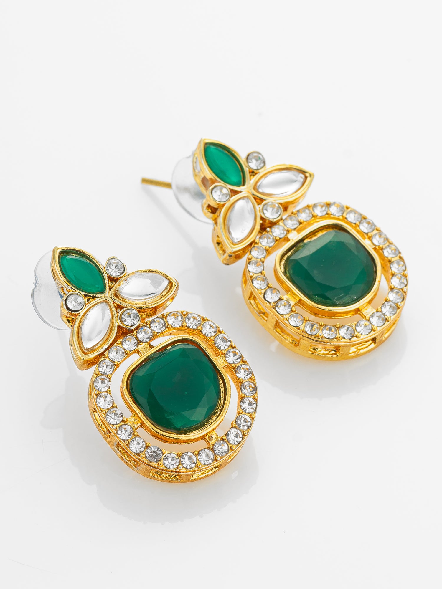 Gold Plated Green Stone and AD Studded Traditional Drop Earrings – View 2 | Aadita Jewelry
