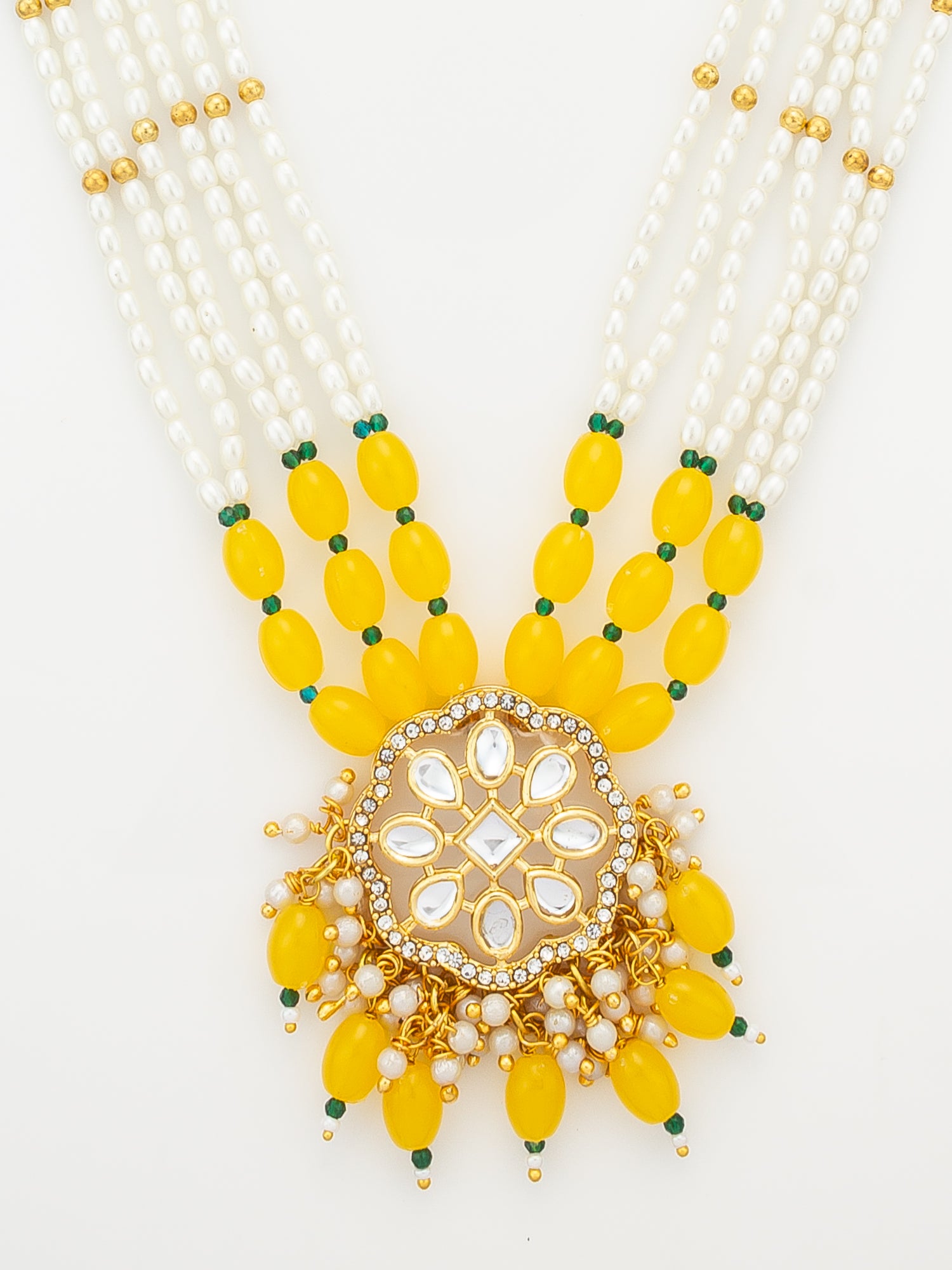 Aadita Yellow Beaded Kundan Long Necklace Set with Chandbali-Style Earrings – View 4 | Aadita Jewelry