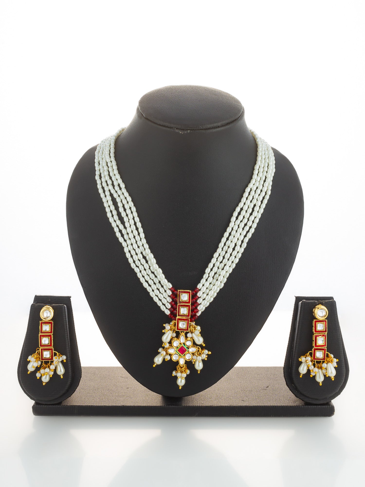 Multi-Strand Pearl and Geometric Stone Necklace Set – View 5 | Aadita Jewelry