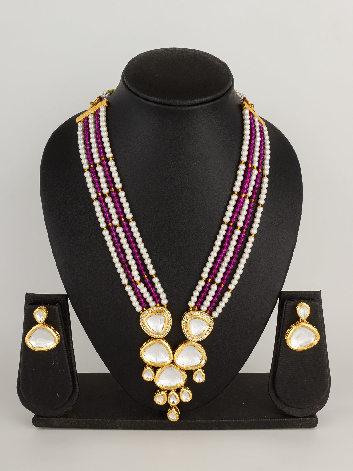 Pink Beaded Kundan Necklace Set – View 4 | Aadita Jewelry