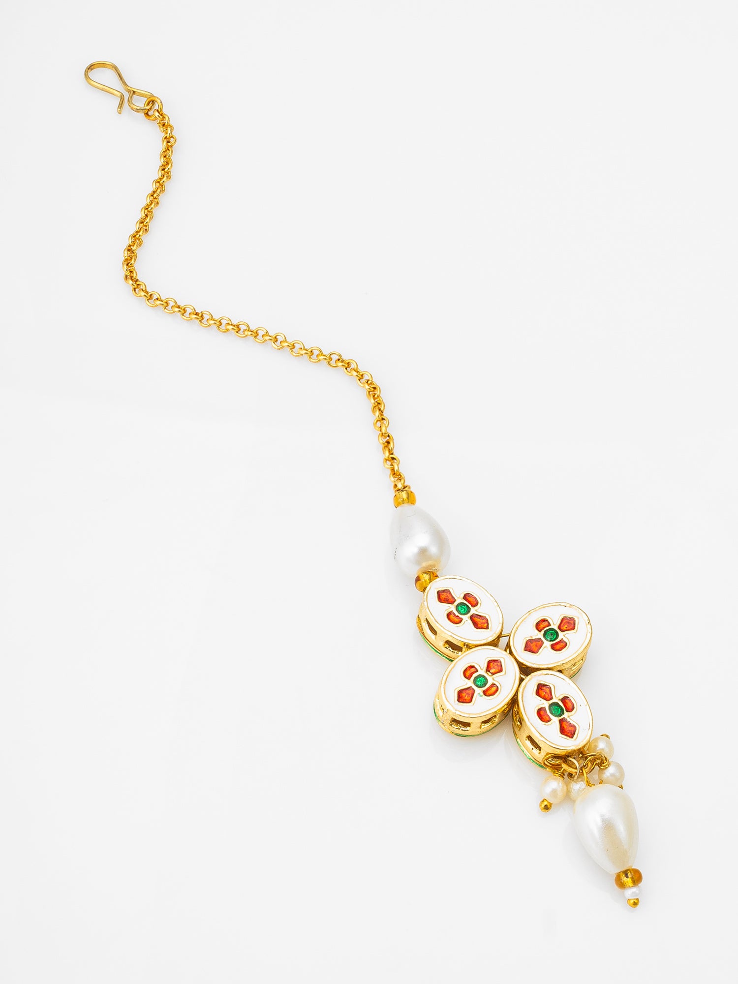 Gold-Tone Kundan Maang Tikka with Pearl and Drop – View 2 | Aadita Jewelry