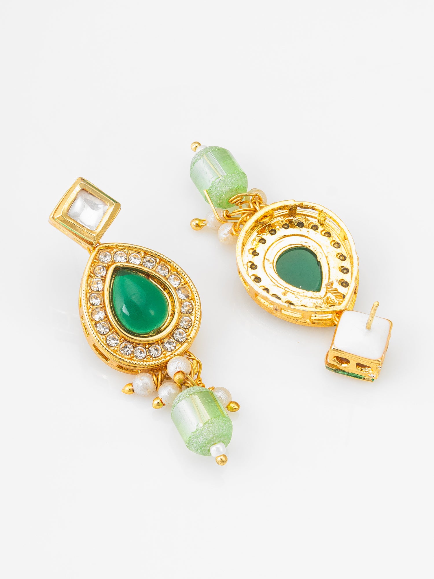 Gold-Plated AD Stone Earrings with Crystal Halo and Bead Drops – View 2 | Aadita Jewelry