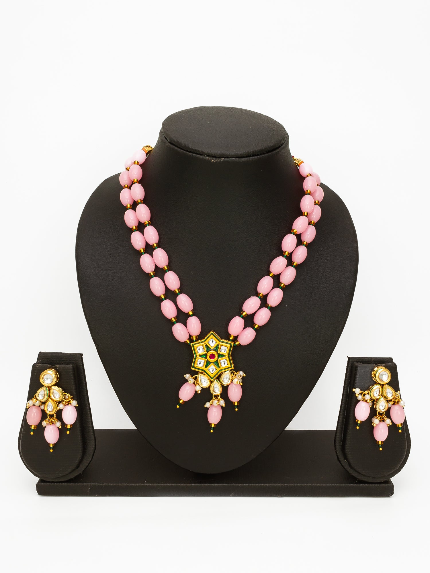 Gold Plated Kundan & Beads Designer Pink Necklace Set for Women – View 4 | Aadita Jewelry
