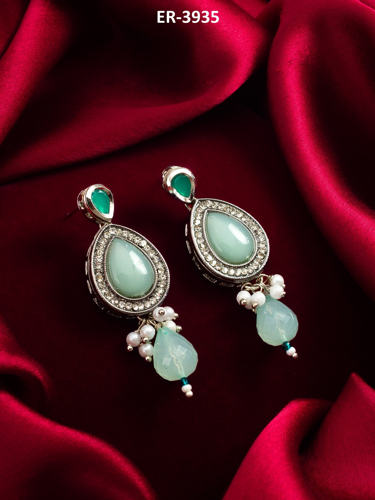 Silver Finished Mint Green Stone and Pearl Drop Earrings – View 5 | Aadita Jewelry