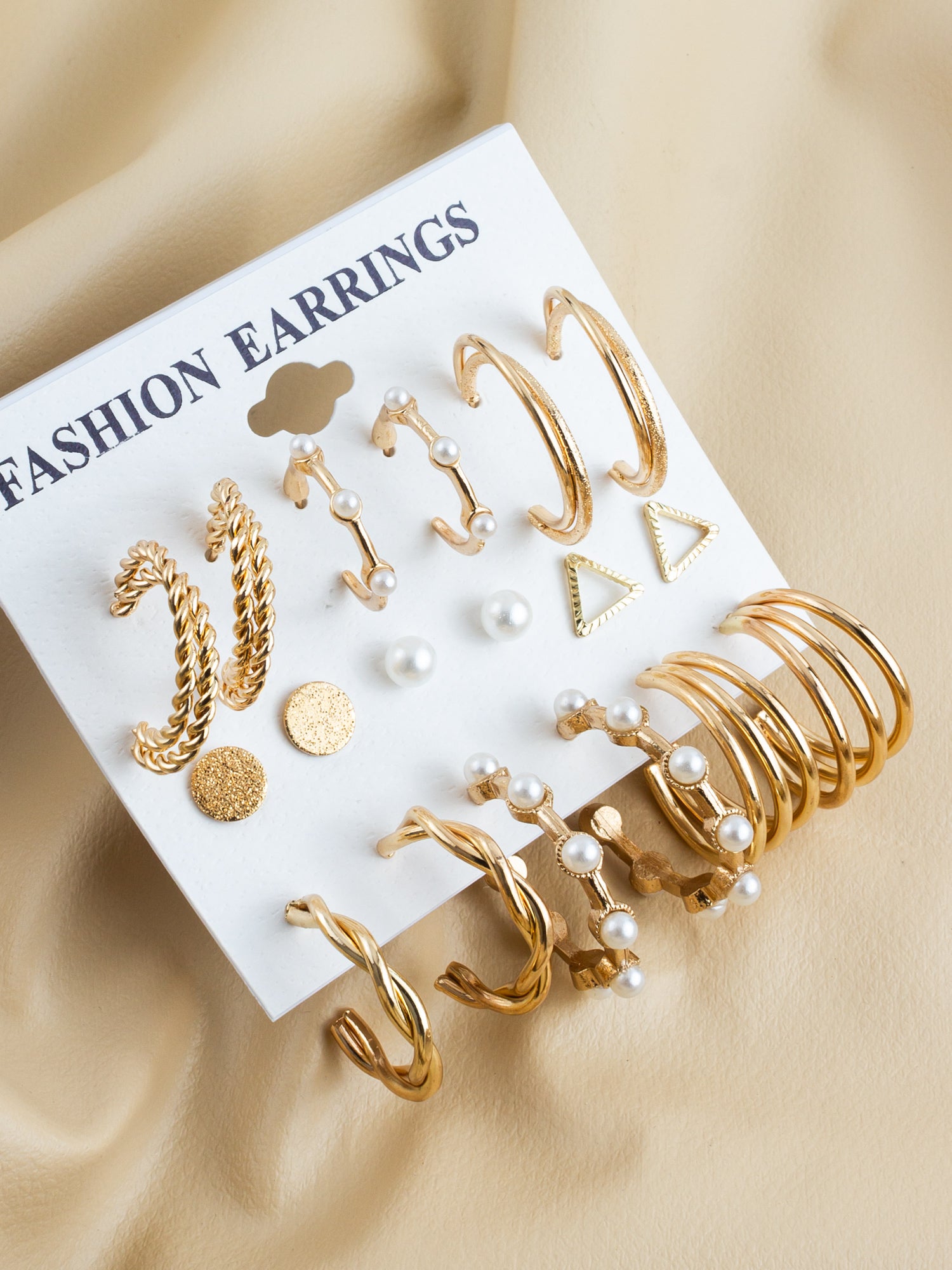 Gold Plated Textured & Pearl Accent Hoop Earring Combo Set for Women (Pack of 9 Pairs) – View 3 | Aadita Jewelry