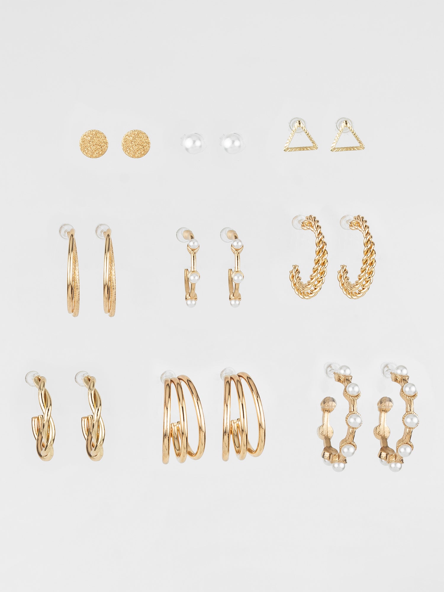 Gold Plated Textured & Pearl Accent Hoop Earring Combo Set for Women (Pack of 9 Pairs) – View 2 | Aadita Jewelry
