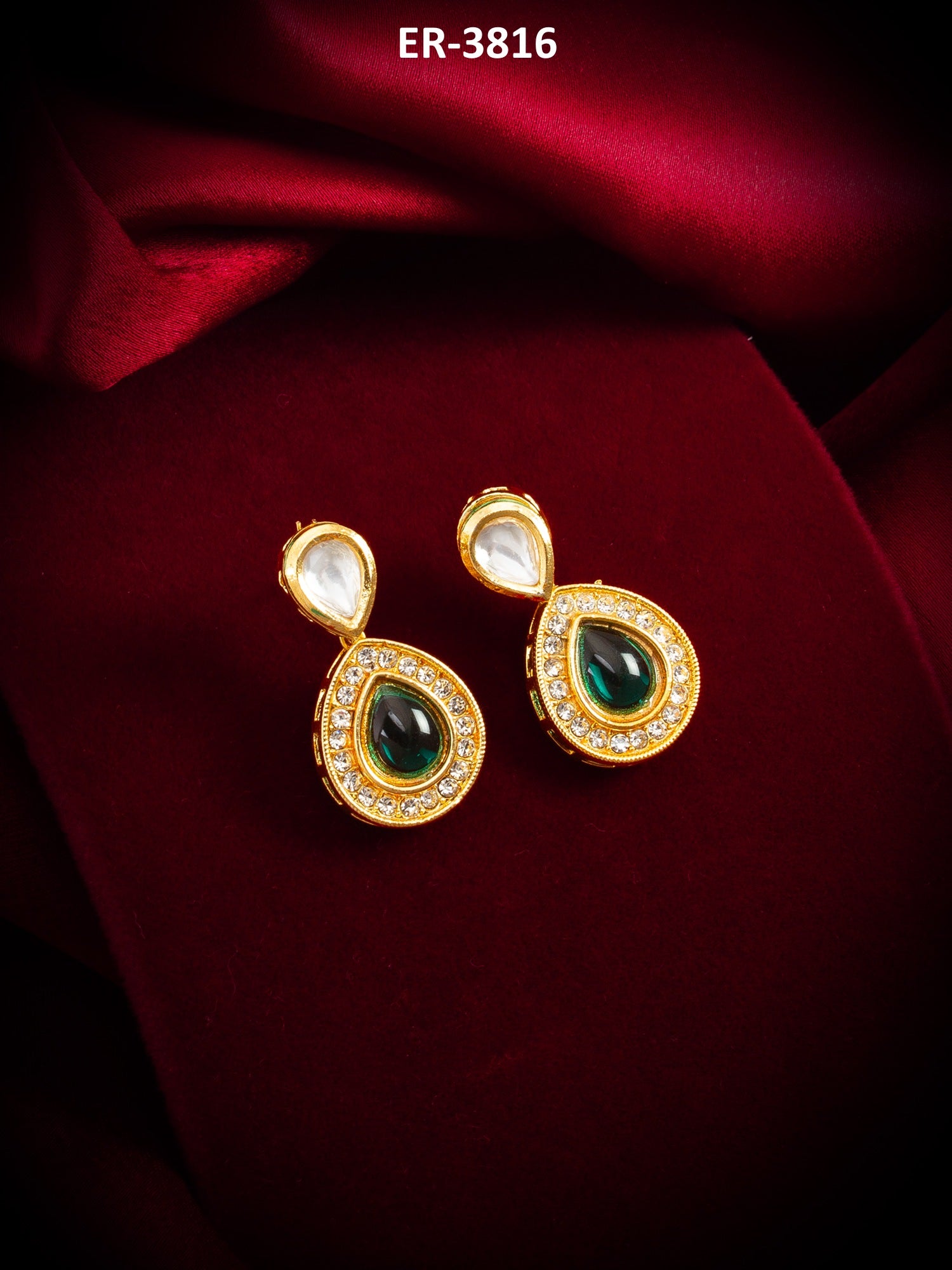 Gold-Plated Stud Earrings with Green Stone and Crystal – View 5 | Aadita Jewelry