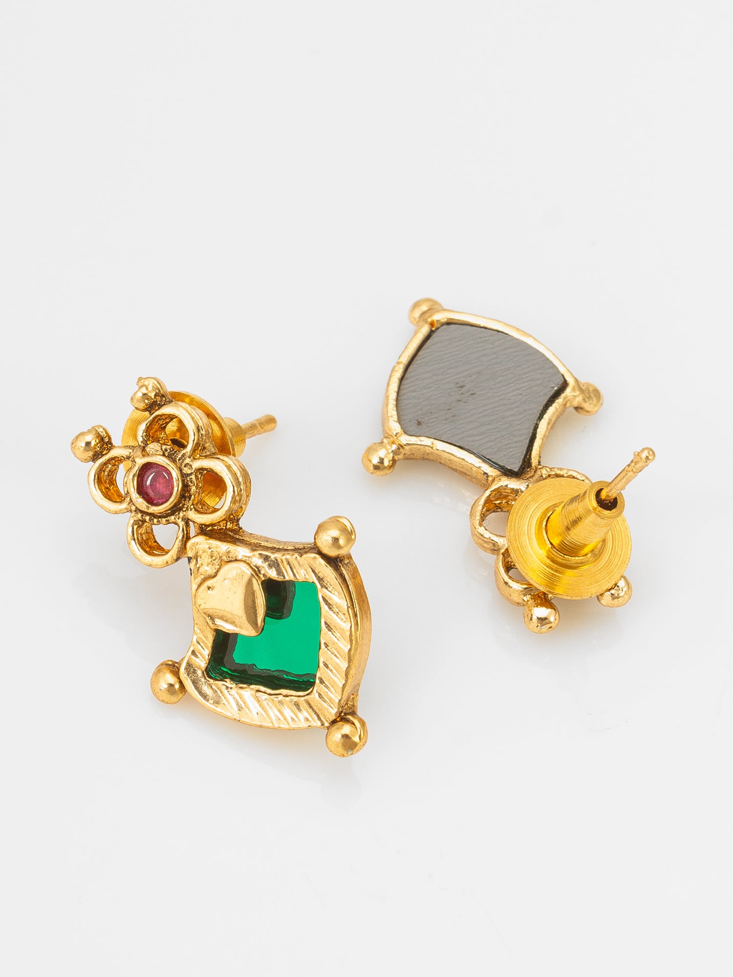 Gold-Tone Green Stone Floral Necklace Set with Stud Earrings – View 2 | Aadita Jewelry