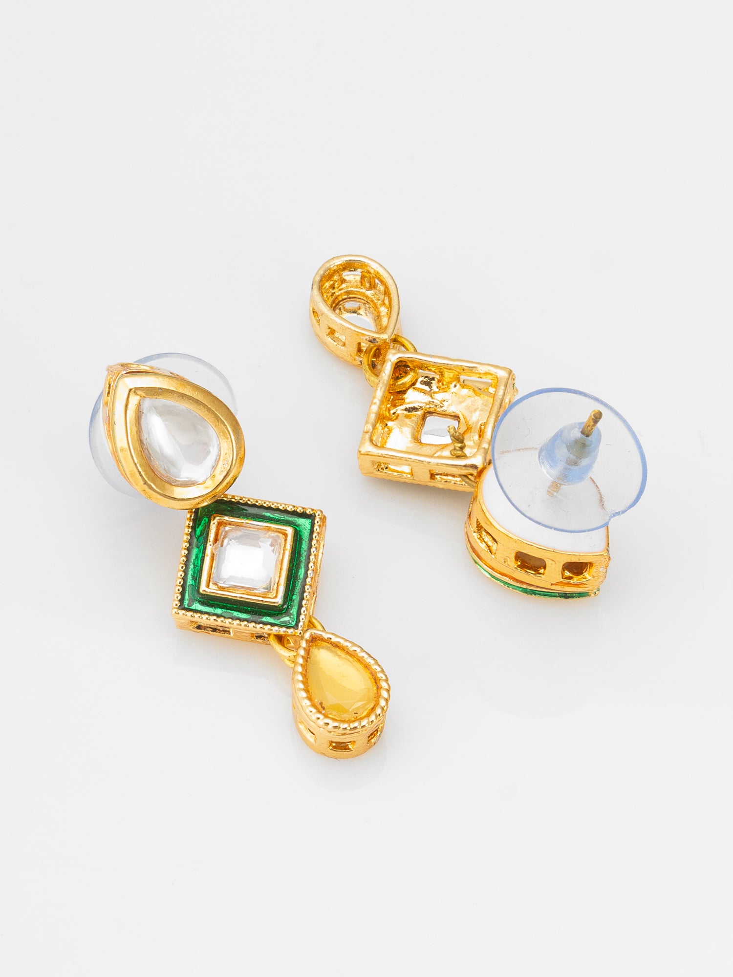 Pearl Necklace with Green Square Kundan and Yellow Drops – View 3 | Aadita Jewelry