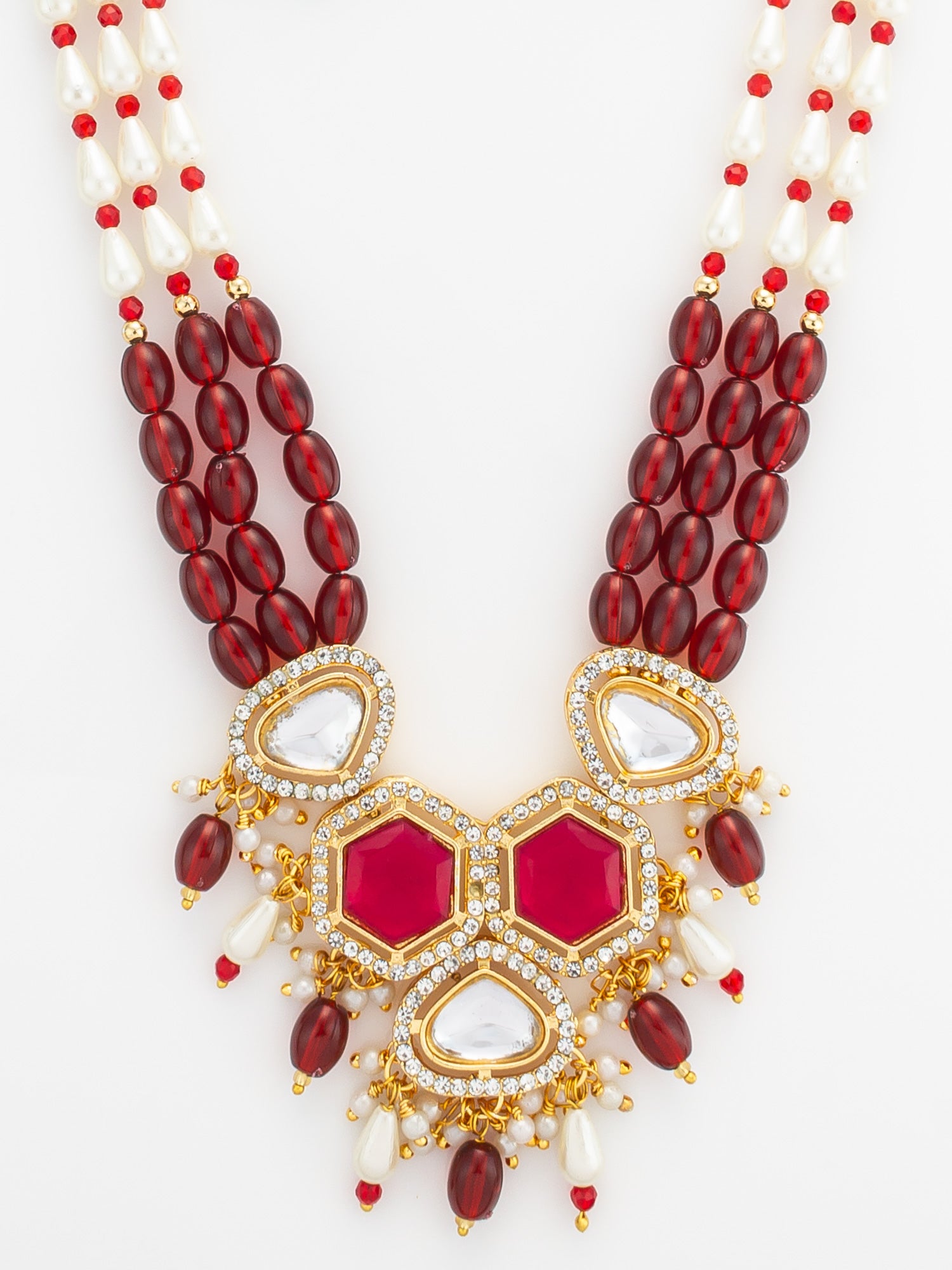 Gold Plated Long Pearl & Red Stone Necklace Set – View 4 | Aadita Jewelry
