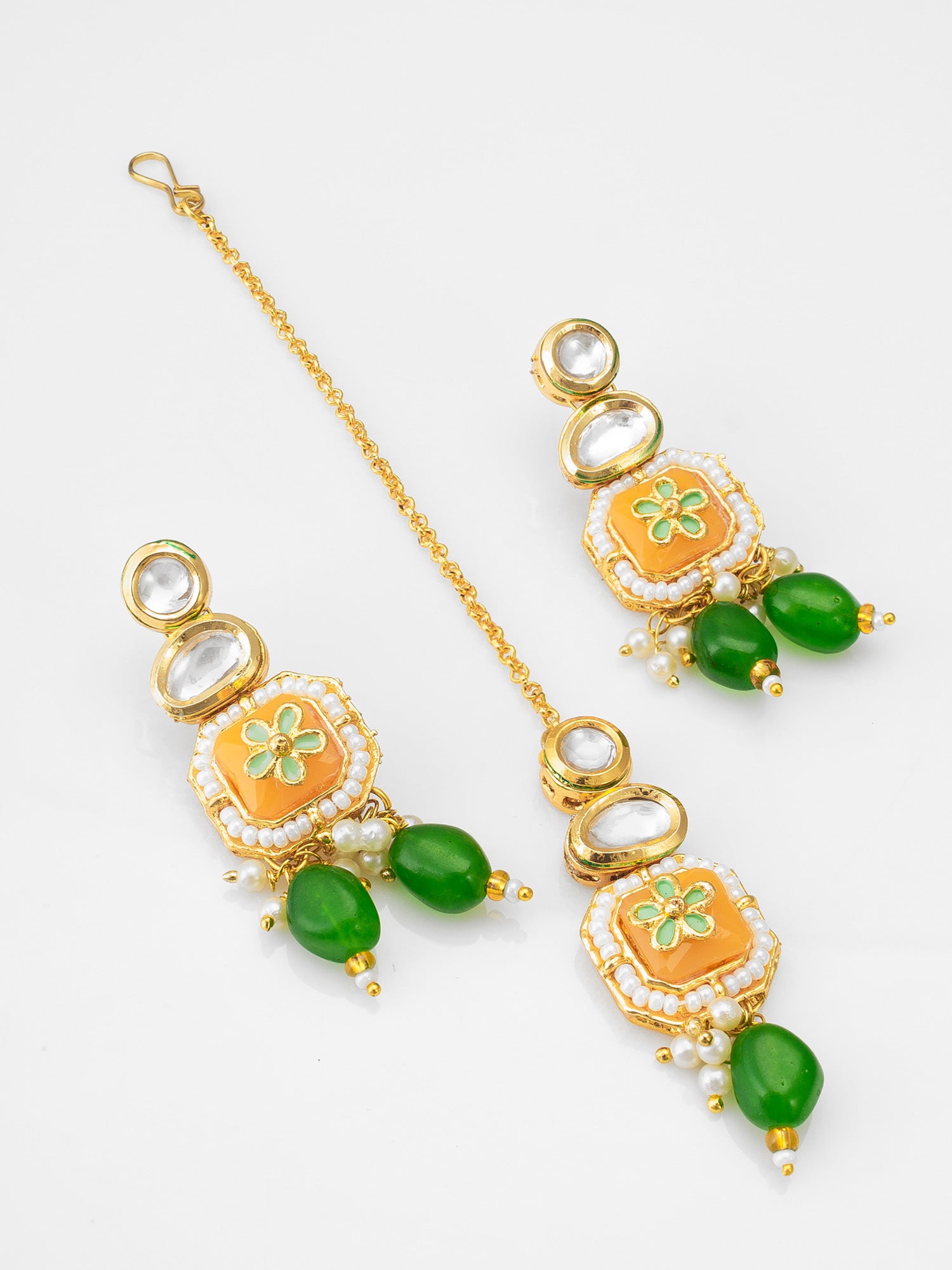 Meenakari Kundan Choker Necklace Set with Flower Motif, Beads and Maang Tikka – View 2 | Aadita Jewelry