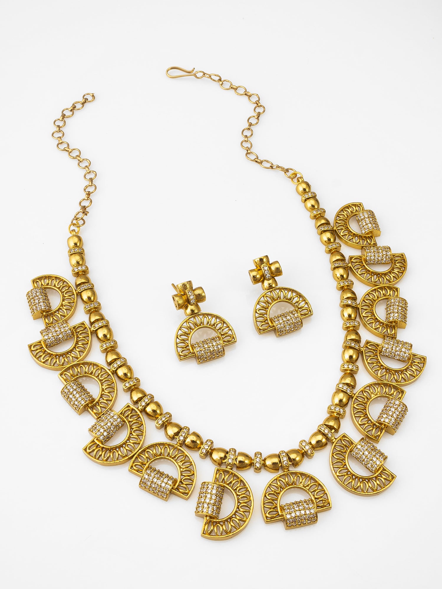 Gold-Plated AD Stone Half-Moon Arch Necklace Set with Geometric Stud Earrings | Aadita Jewelry