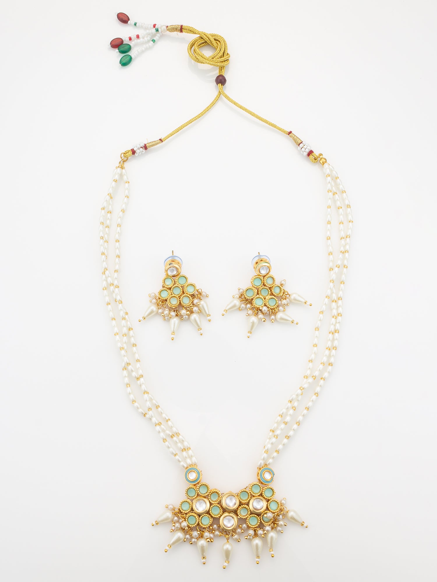 Mint Green & White Kundan Beaded Gold Plated Necklace Set With Earrings | Aadita Jewelry