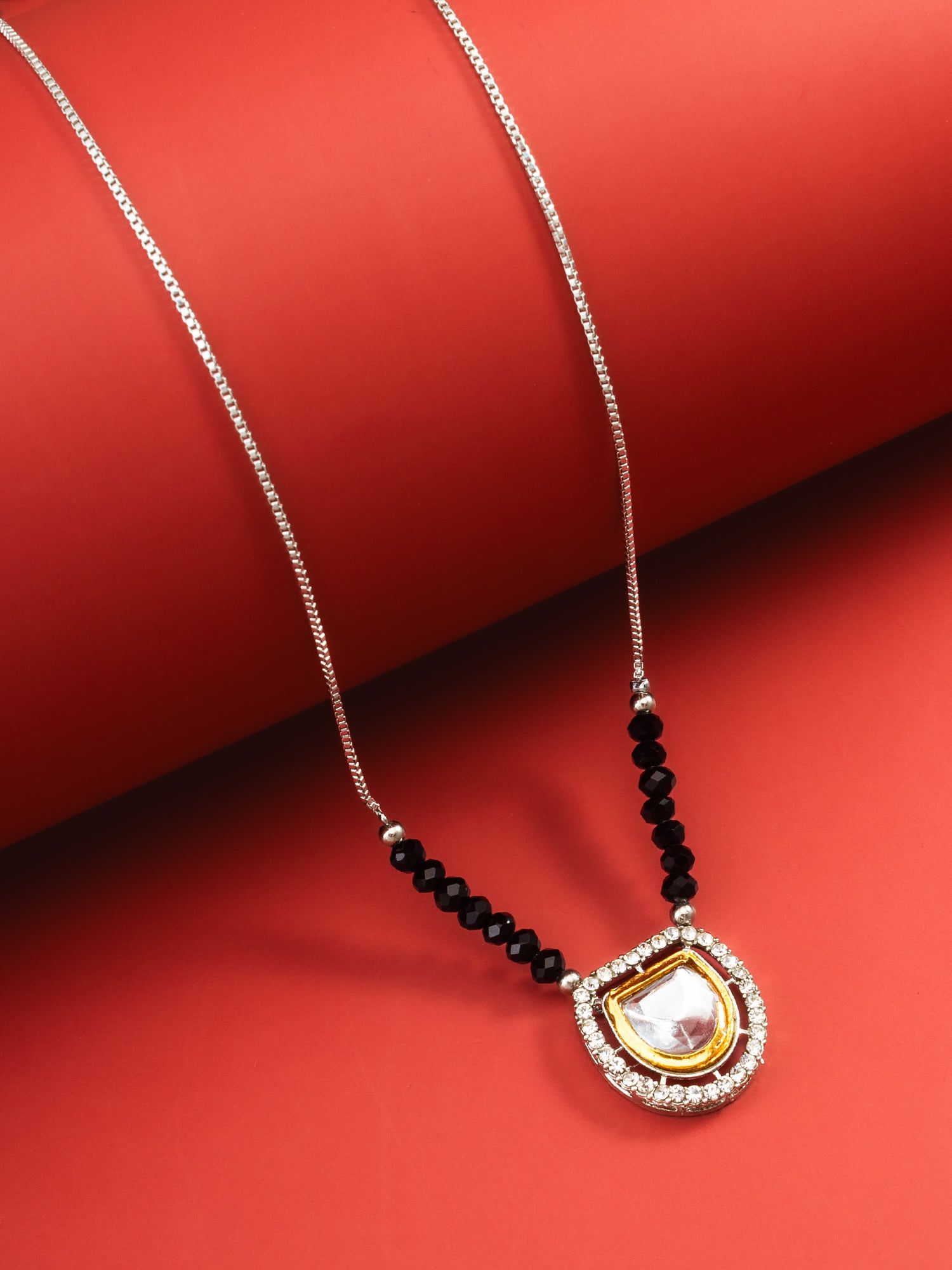 Kundan Pendant Long Necklace with Black Crystal Beads – View 3 | Aadita Jewelry