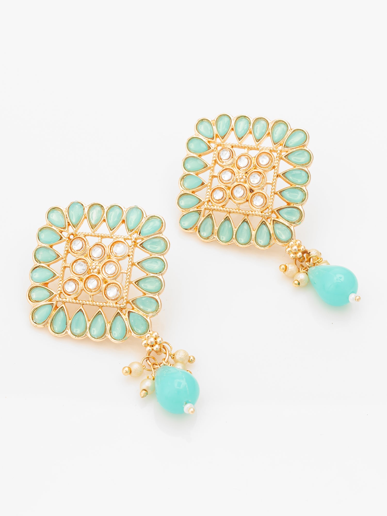 Aadita Gold Plated Mint Green Geometric Stud Drop Earrings – View 2 | Aadita Jewelry